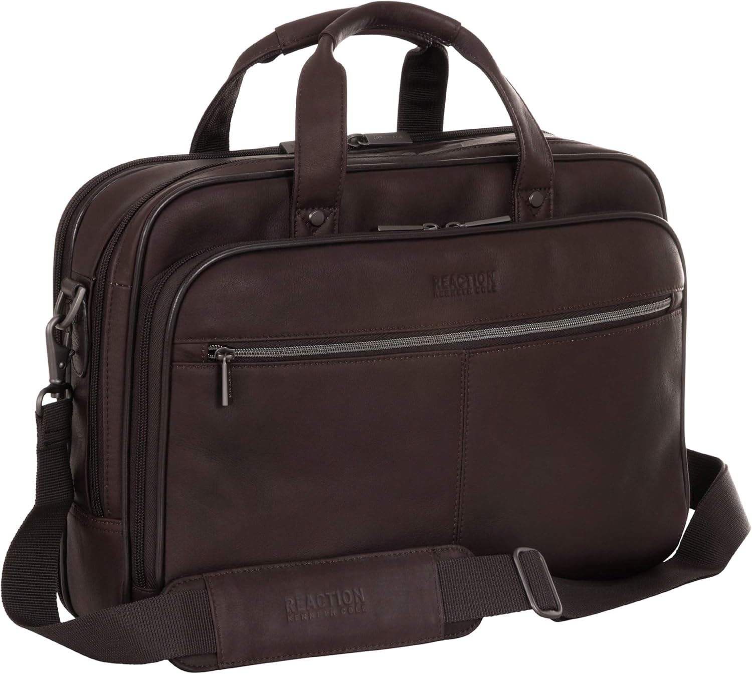 Kenneth Cole Reaction Resolute Men's Briefcase Full-Grain Colombian Leather 16" Laptop Portfolio Messenger Bag, Brown, One Size