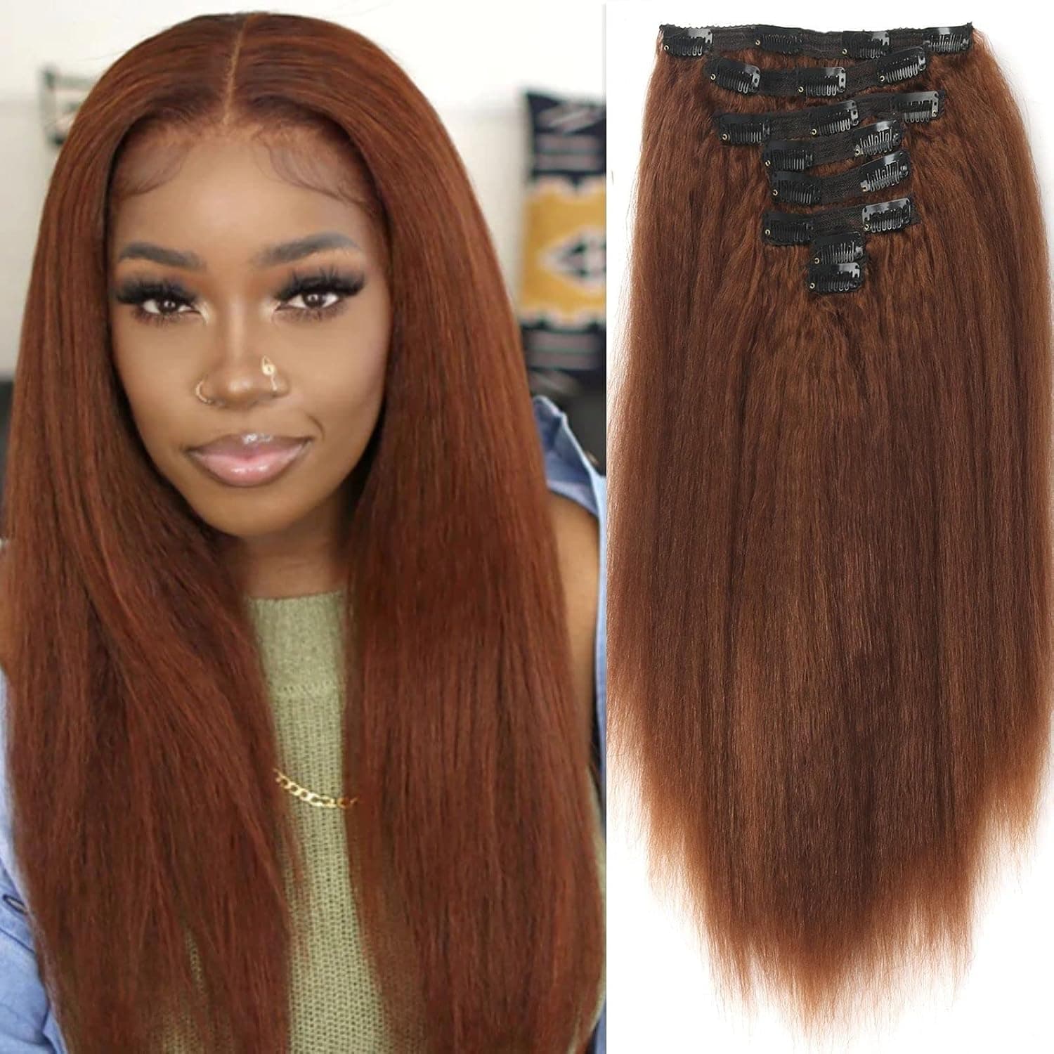 LEOSA Kinky Straight Clip in Hair Extensions Yaki Straight Clip Ins Natural Hair Clip Ins for Black Women 18Clips In 8Pcs/set 16Inch Long Brown Hair Hairpieces (30#)