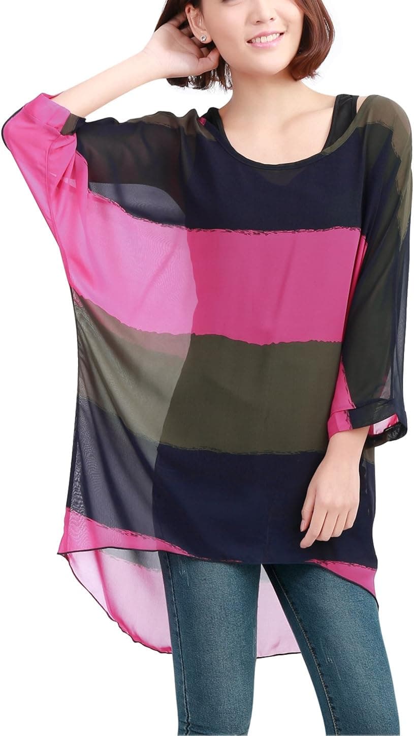 Lady Boat Neck Cape Sleeve Color Block Striped Shirt w Tank Top Fuchsia Size L