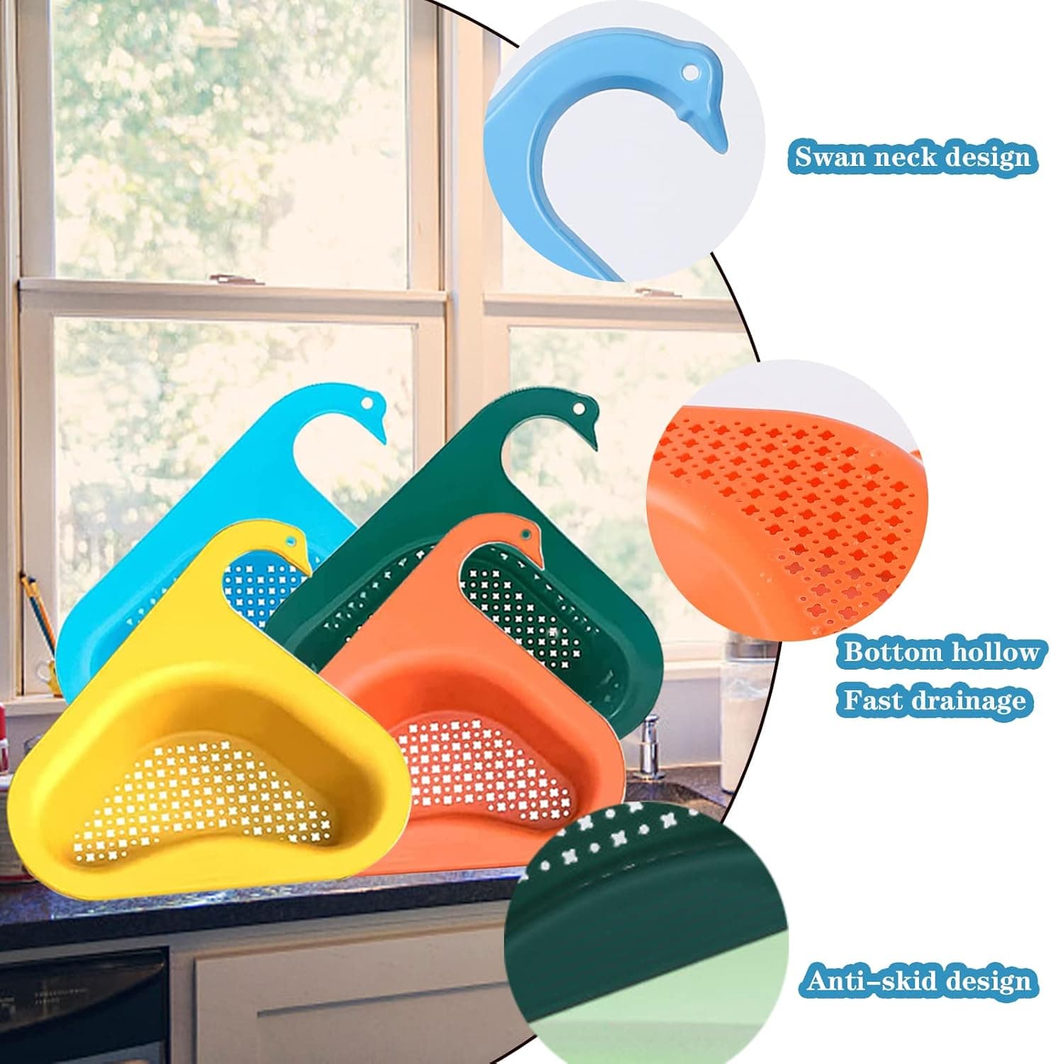 4 Pcs Swan Drain Basket Sink, Kitchen Sink Strainer with Reusable Sponge, Multifunctional Kitchen Triangular Sink Filter, Hanging Kitchen Sink Accessories fits All Sinks