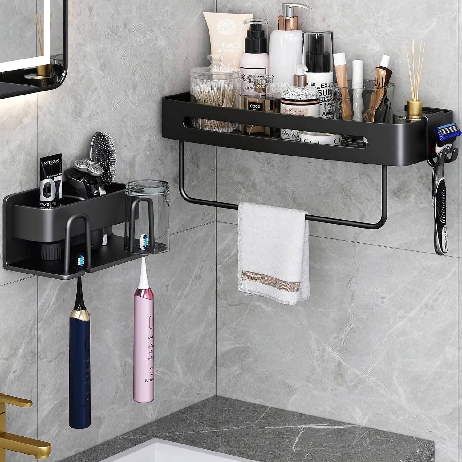 Junshqim Toothbrush Holders for Bathrooms, Bathroom Countertop Organizer Metal, Toothbrush Holder Wall Mounted Save Space, Tooth Brushing Holder Durable, Black Electric Bathroom Toothbrush Holder Set…