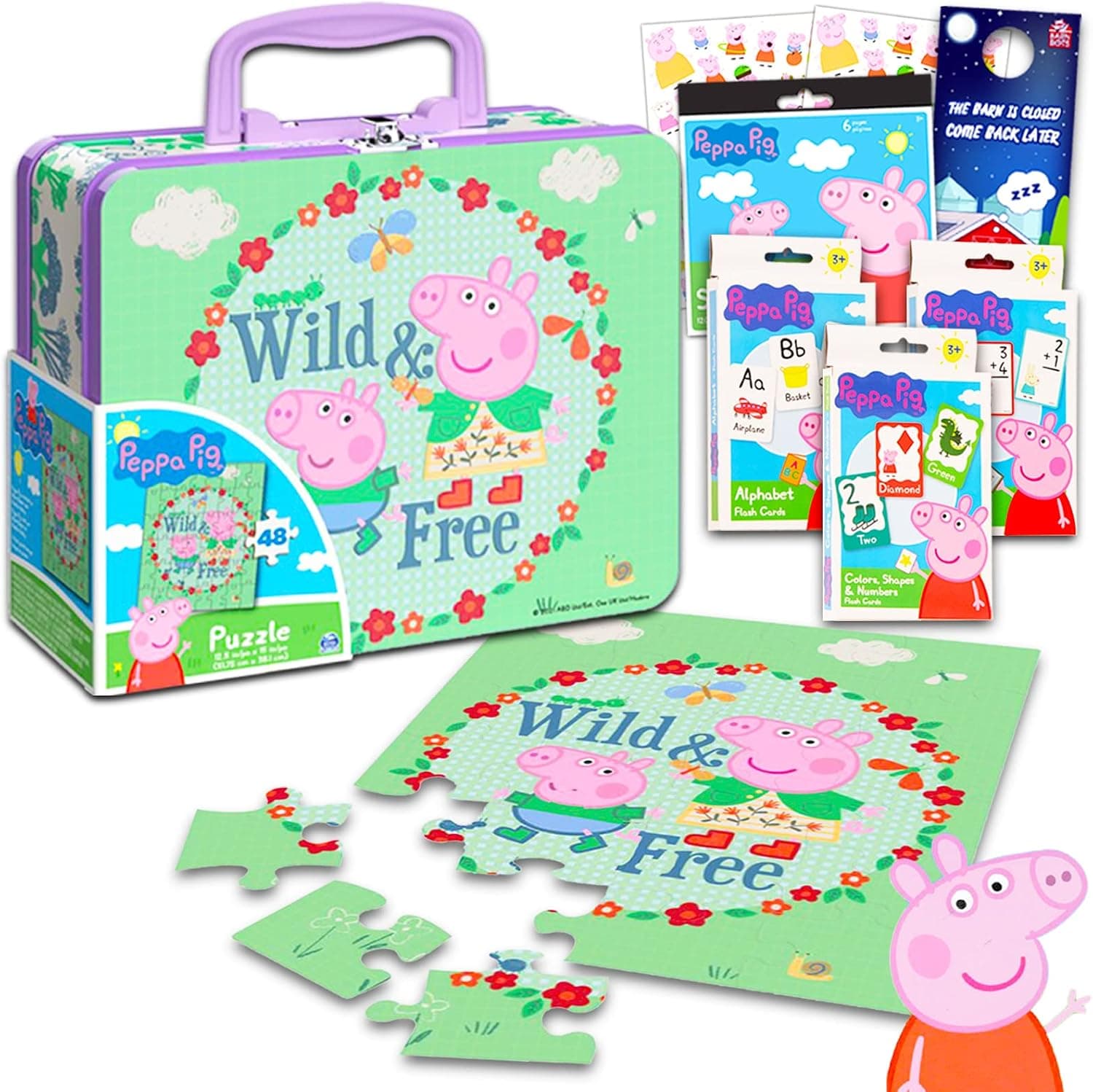 Peppa Pig Tin Lunch Box with Puzzle Set ~ 5 Pc Bundle with Peppa Lunch Box, 24-Piece Puzzle for Kids, Stickers, Flash Cards, and More (Peppa Pig Activity Set)