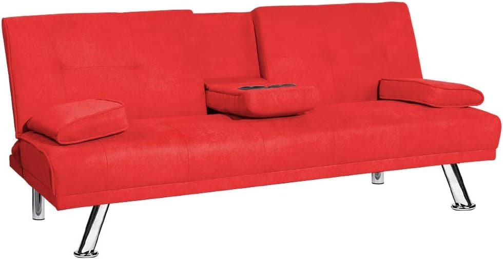 Recaceik Futon Couch Convertible Bed for Living Room，Love Seat Sleeper Sofa, 2 Cupholders-Red