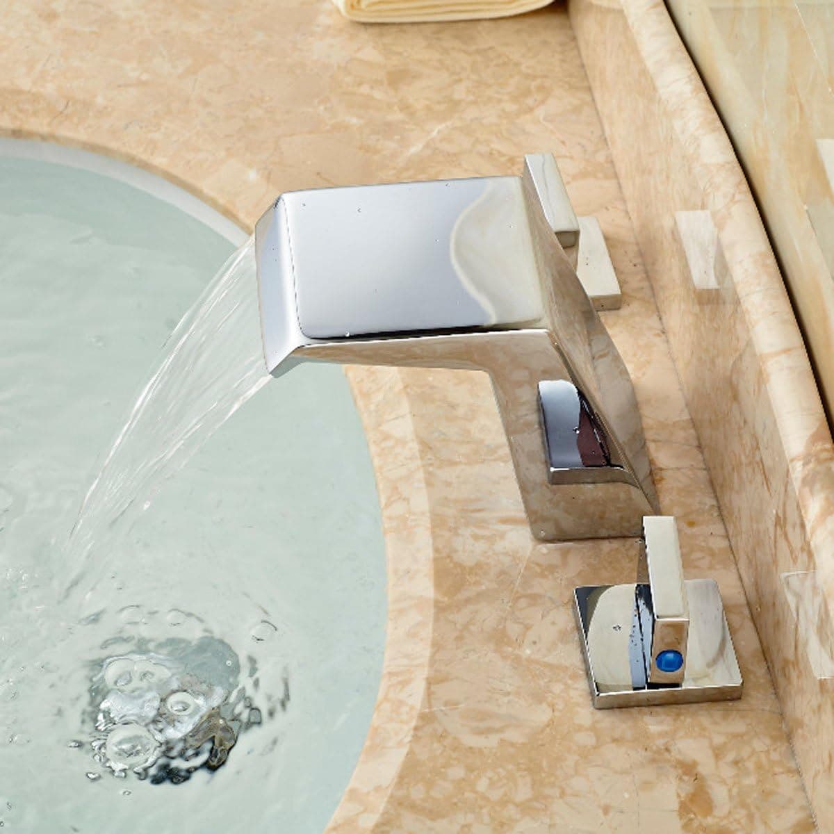 Votamuta Chrome Brass Waterfall Spout Basin Sink Faucet Widespread 3 Holes 2 Handles Mixer Taps