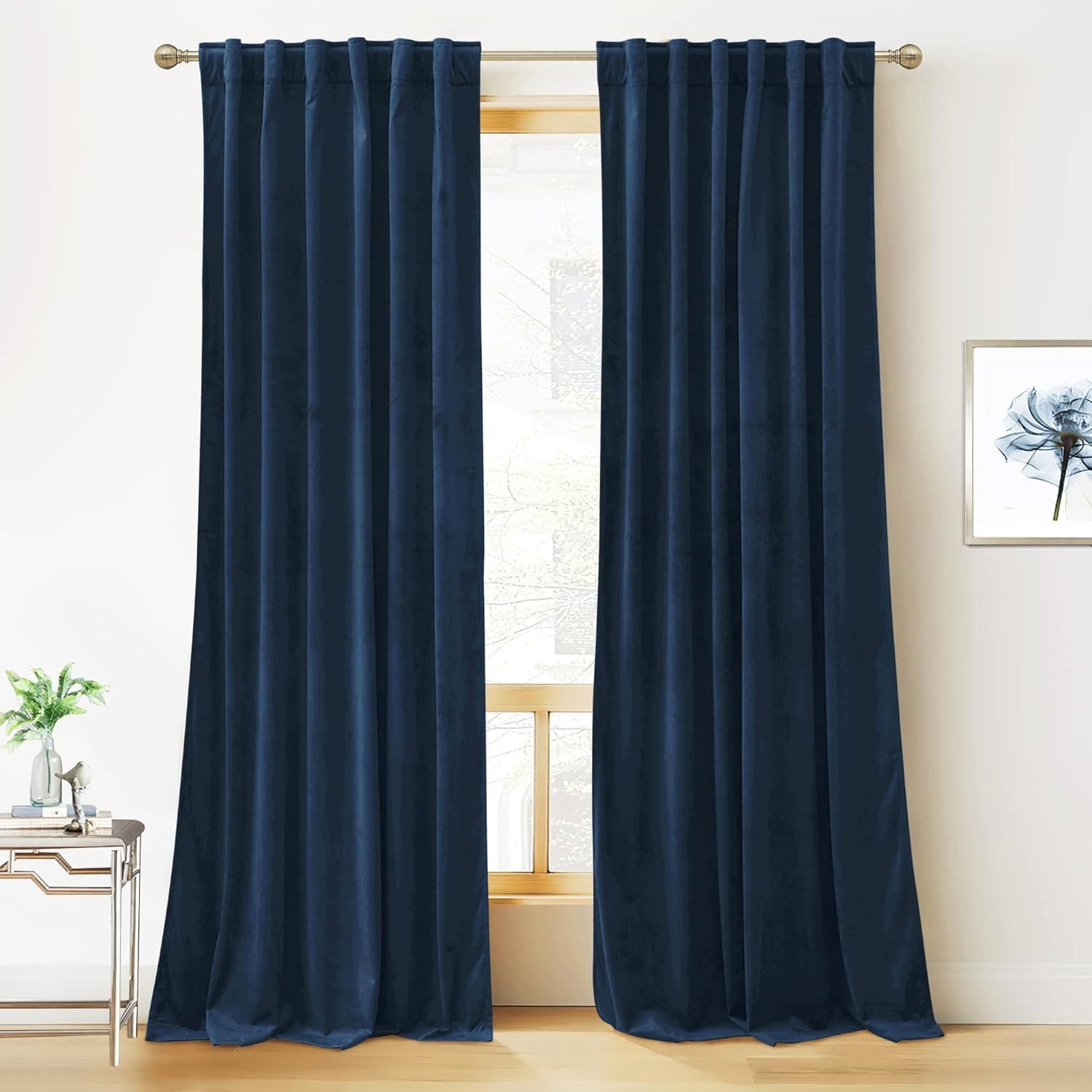 RYB HOME Blue Velvet Curtains 90 inches- Blackout Curtains for Living Room, Thermal Insulated Noise Reducing Panels Soft Luxury Window Decor for Kids Bedroom, Navy Blue, W52 x L90 inches, 2 Panels
