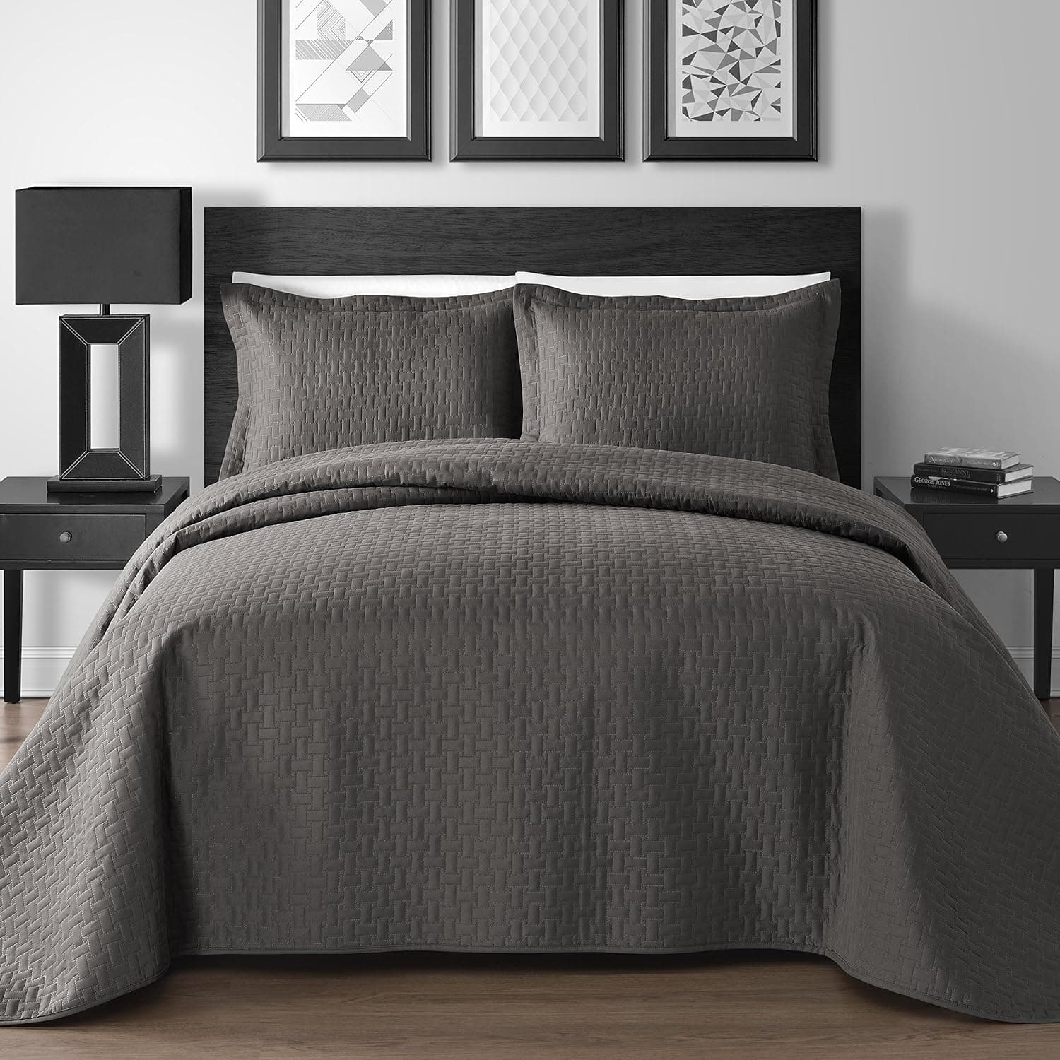 Extra Lightweight 3 Piece King & Queen Home Thermosonic Embossed Frame Coverlet Bedspread Set (Full/Queen, Gray)