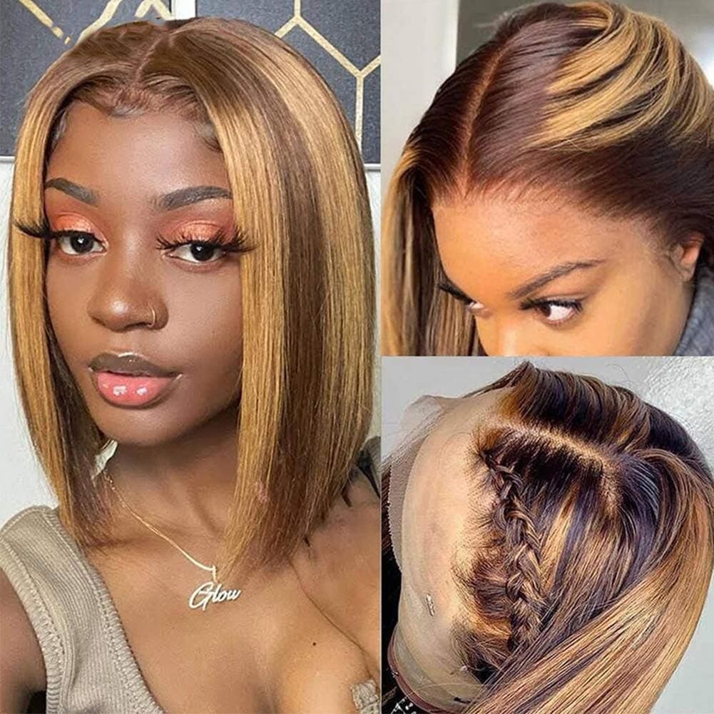 Highlight Bob Lace Front Wig Human Hair Ombre Bob Wig Human Hair for Black Women 13x6x1 HD Transparent Lace Front Wig Pre Plucked with Baby Hair 150% Density 4/27 Honey Blonde bob Wigs for Black Women(12 Inch)