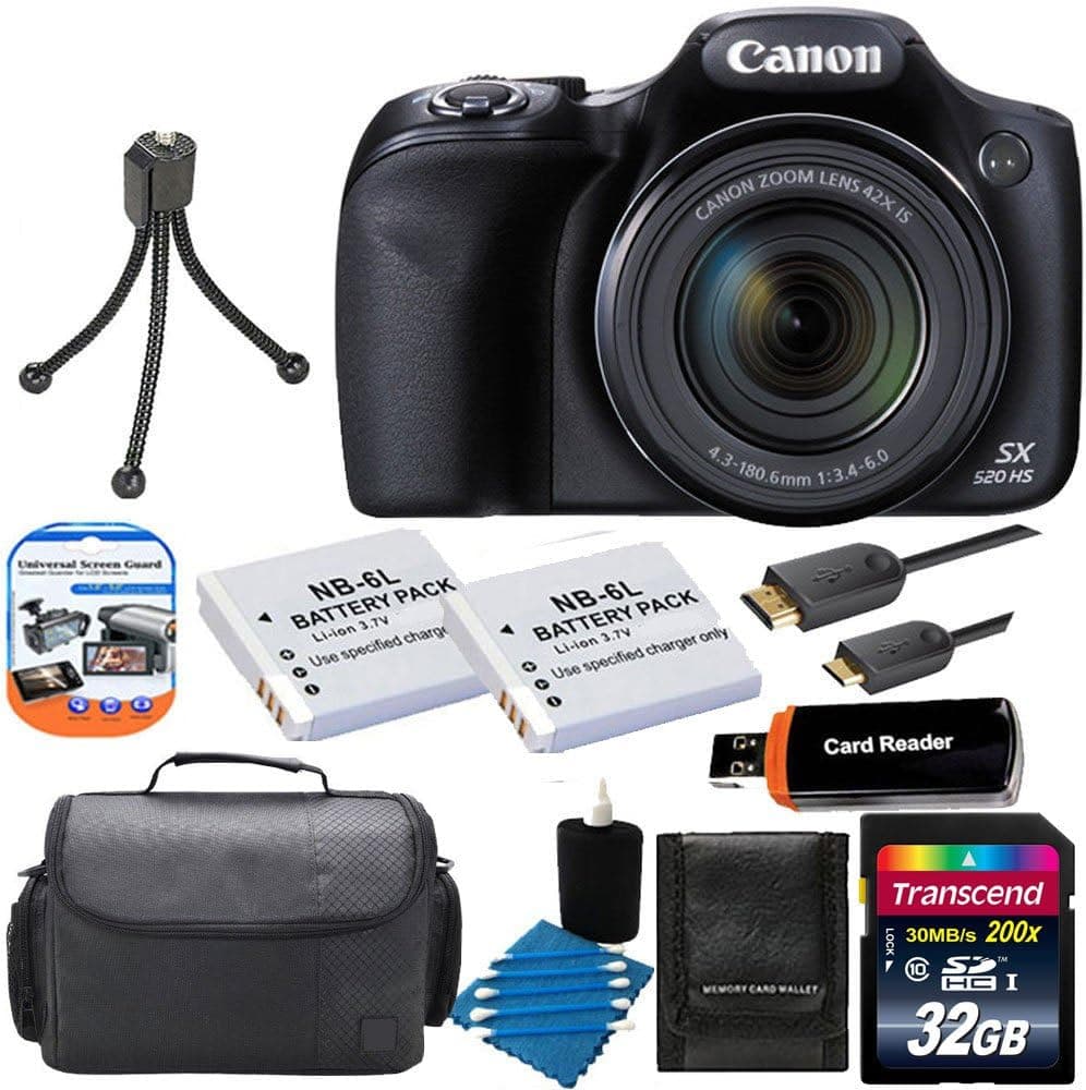 Canon Powershot SX520 HS 16.0 MP Digital Camera with 42x Optical Zoom and 1080p Full HD Video + 2 Extra Battery + HDMI Cable + 32GB Class 10 Card Complete All You Need Deluxe Accessory Bundle And Much More