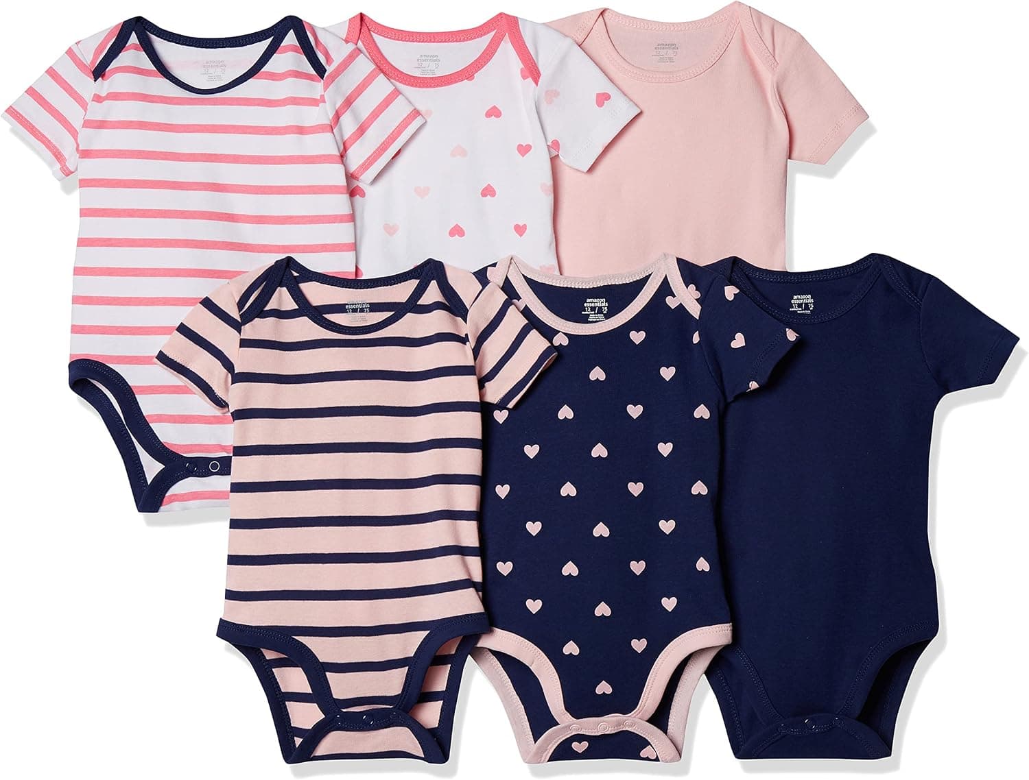 Amazon Essentials Baby Girls' Short-Sleeve Bodysuits, Pack of 6