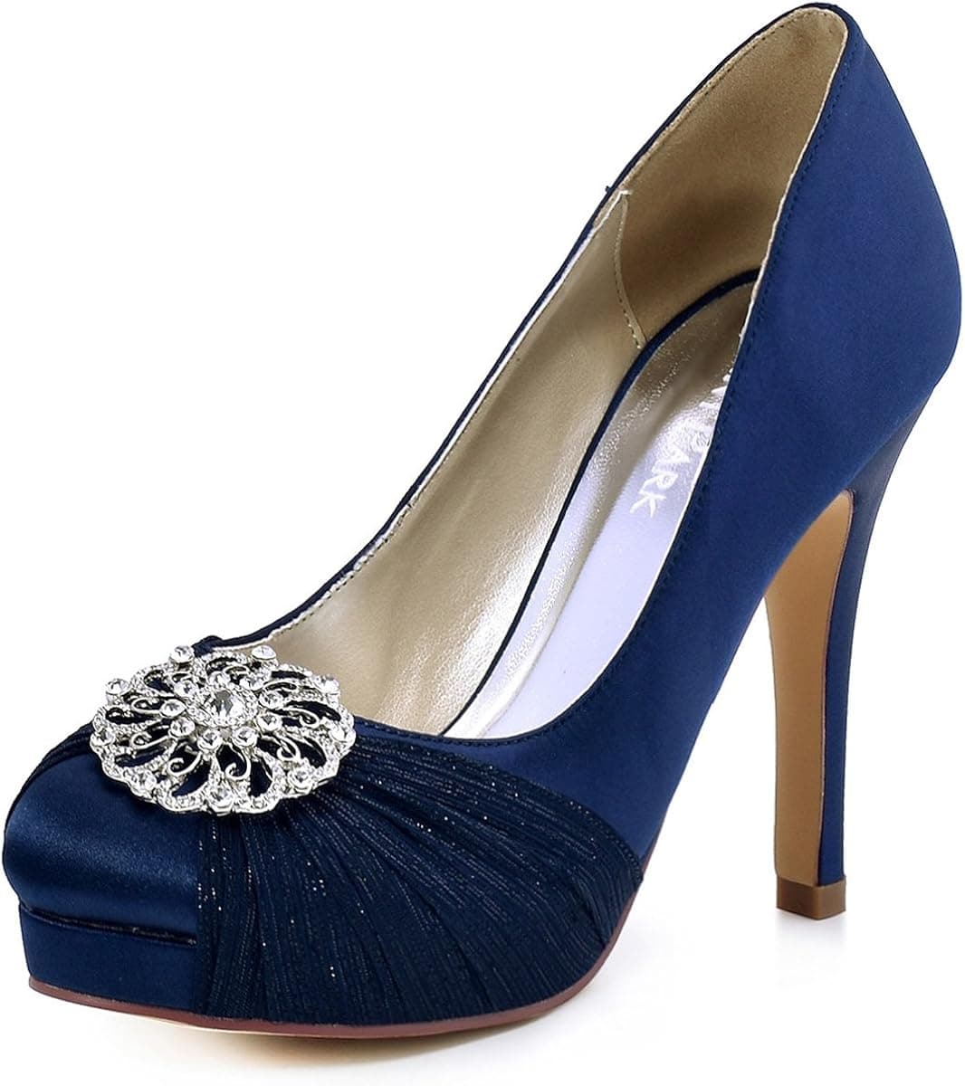 ElegantPark HC1609P Women`s Closed Toe Pleated Chiffon Pumps Rhinestones Buckle Satin Wedding Bridal Shoes