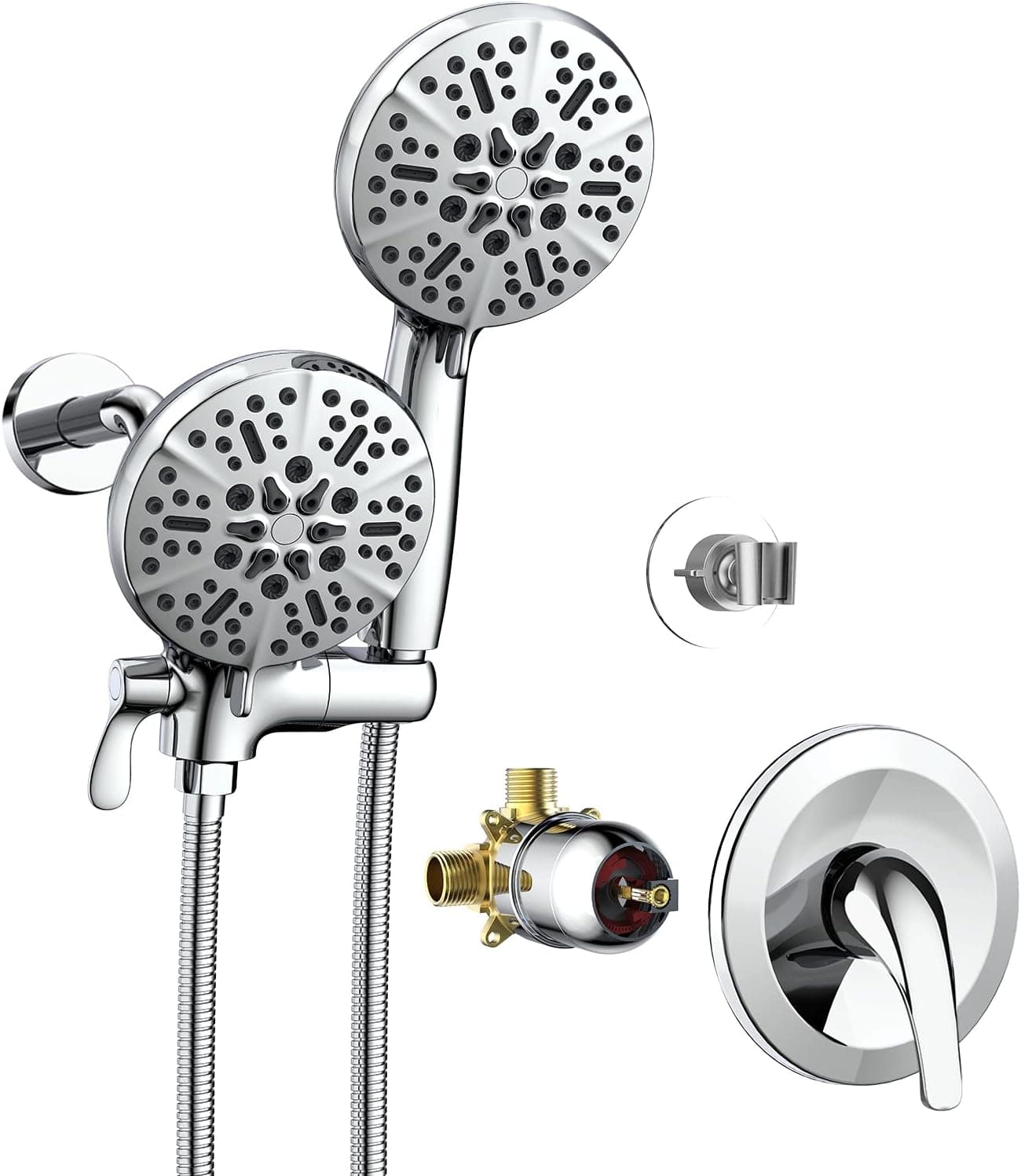 Astomi 63-Setting Dual Shower Head Faucet Set, 2 in 1 High Pressure Rain Shower Head with 7 Functions Handheld Spray, Chrome 3-Way Diverter Shower System Include Brass Valve and Trim Kit