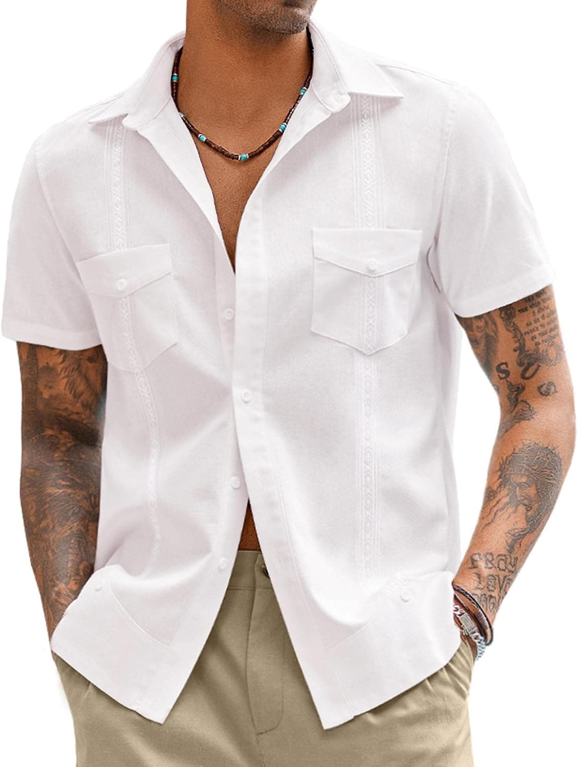 COOFANDY Mens Linen Shirt Short Sleeve Cuban Guayabera Shirts Casual Button Down Beach Tops with Pockets