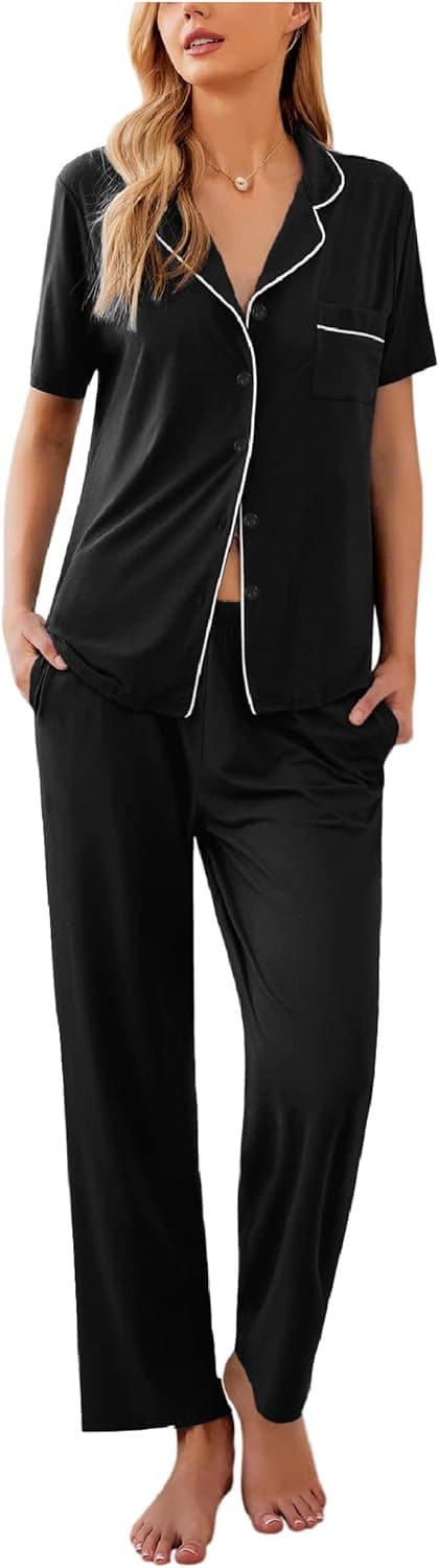 Ekouaer Women Pajamas Set Button Down Sleepwear Short Sleeve Nightwear with Long Pants Soft Pjs Set with Pockets S-XXL