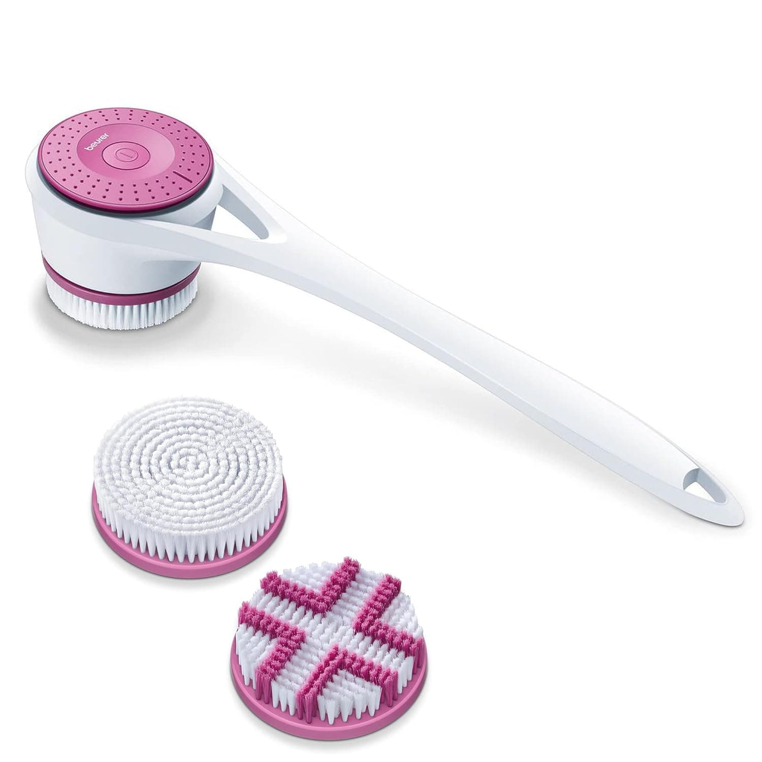 Beurer FC25 Body Scrubber, Electric Spin Body Brush & Back Brush Long Handle for Shower with 2 Brush Heads, 2 Speeds, Exfoliating Body Scrubber for Body, Batteries Included, White/Pink