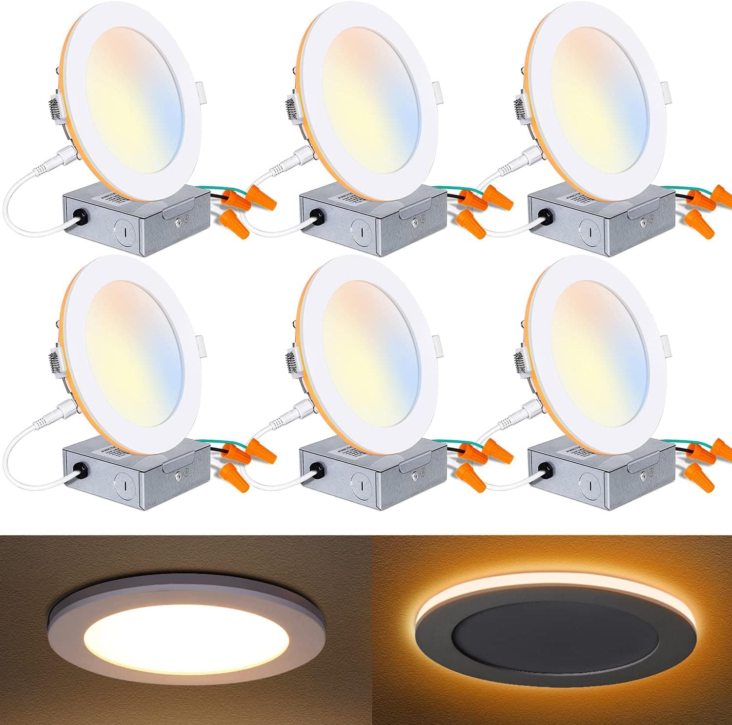 Mounight 6 Pack Inch LED Recessed Ceiling Light with Night Light, CRI90, 14W=100W, 1200lm, 2700K/3000K/3500K/4000K/5000K Selectable, Dimmable Ultra-Thin Can-Killer Downlight, J-Box Included