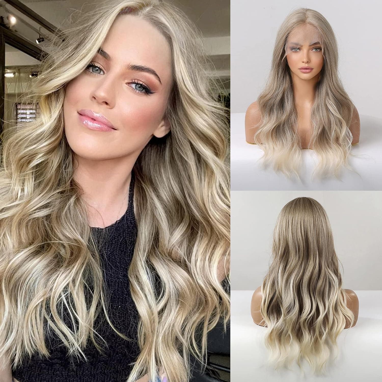 OMELPIS 5 * 1 Ombre Ash Blonde Lace Front Wig Long Wavy Middle Part Wigs 130% Density Natural Curly Heat Resistant Fiber Synthetic Lace Closure Wigs for Women Daily Party Holiday Festival Use 24Inch