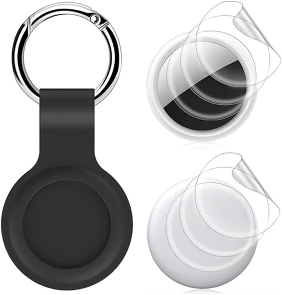 Maidea AirTag Case, Airtag Key Ring + AirTag Protector [4 PCS& 2 Front+2 Back], Soft silione Protective AirTag Finder Cover with Keychain and Rope for Air Tags Finder Keychain Accessory (Black) Small