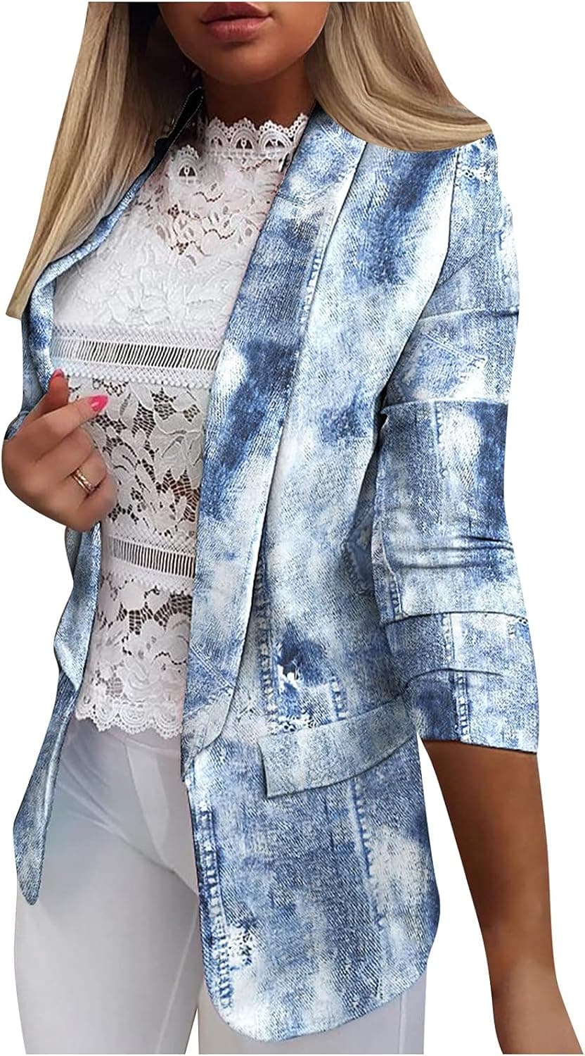 Blazer Jackets for Women Solid Color Casual Blouse Long Sleeve Opening Front Shirt Fashion Printing Jacket