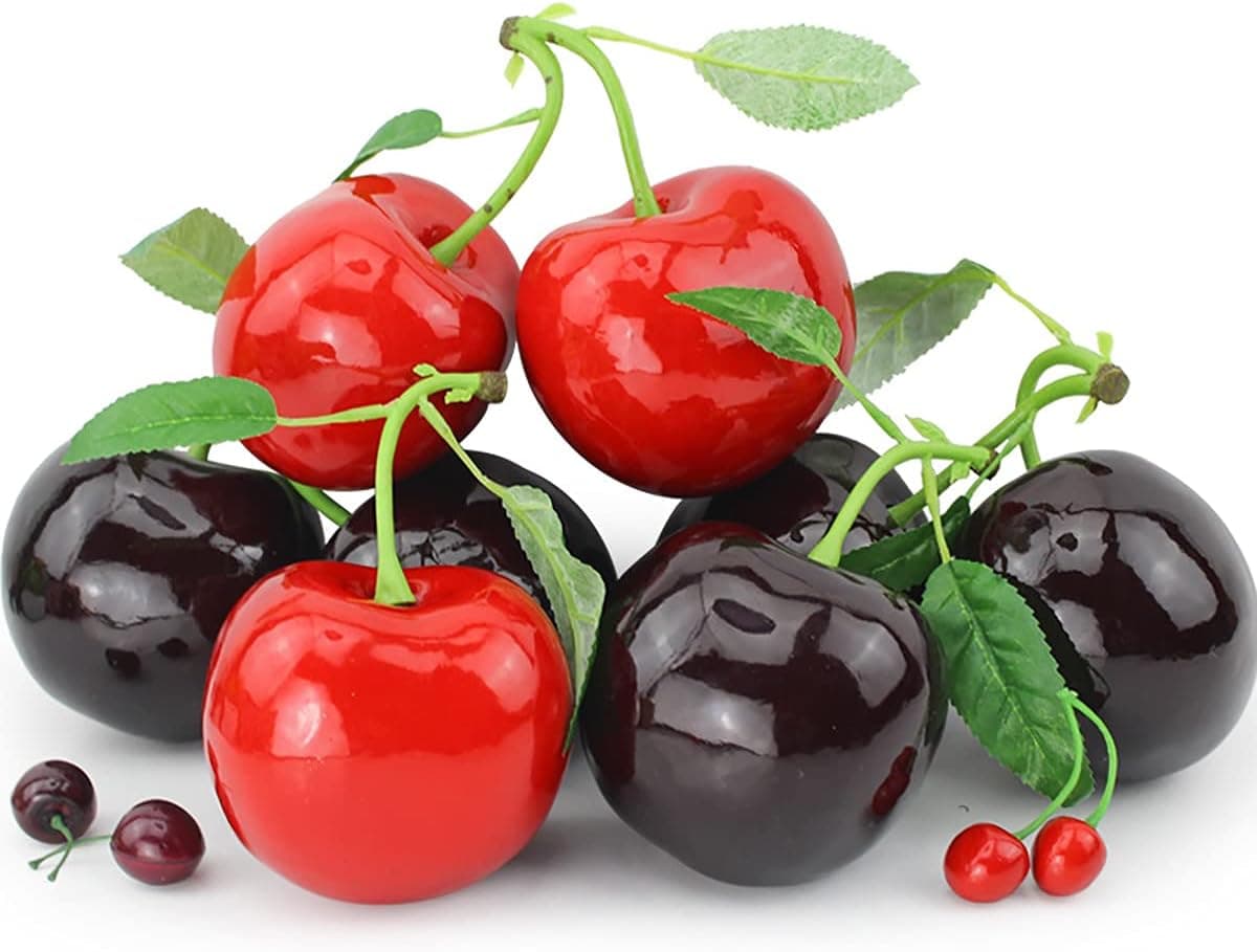 khalat Two-Headed Super Cherry Ornaments - Artificial Cherry Lifelike Red Cherries for Teaching Decoration Theme Props one Size