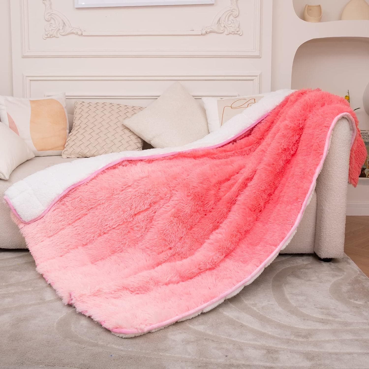 Yescool Faux Fur Weighted Blanket 48"x72" 15lbs,Fuzzy Cozy Shaggy Weighted Blanket Queen Size for Adult，Fluffy Sherpa Comfy Heavy Blanket for Women Men,Warm Soft Plush Pink Blanket for Couch Sofa Bed