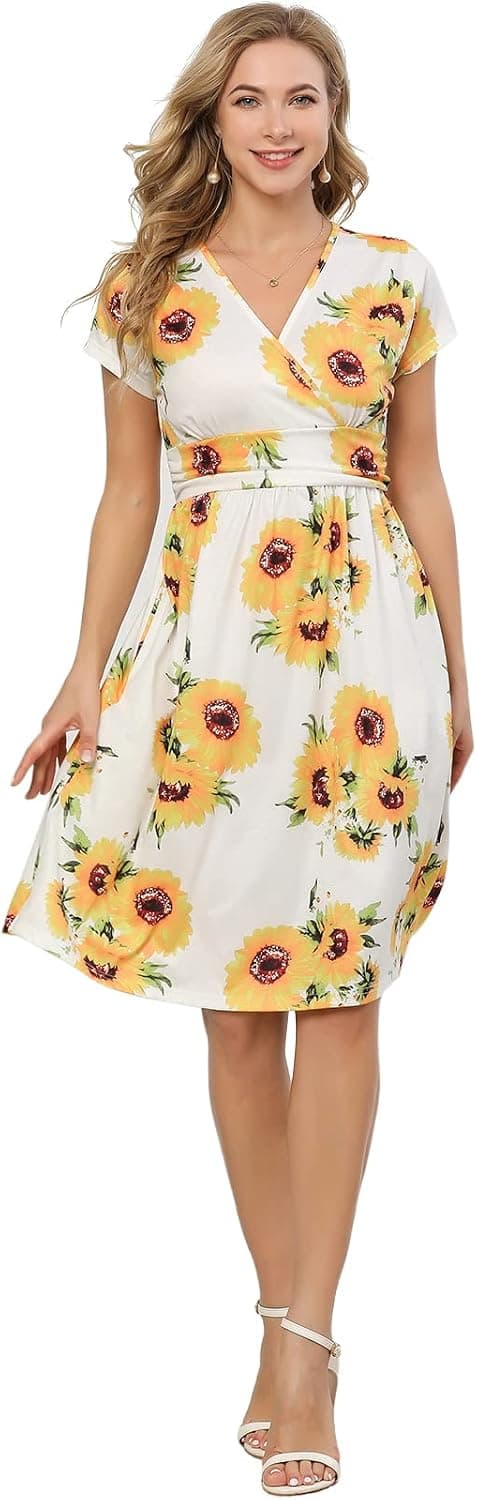 Summer Short Sleeve Dresses for Women Beach Floral Sundress Sleeveless Pockets Casual Loose