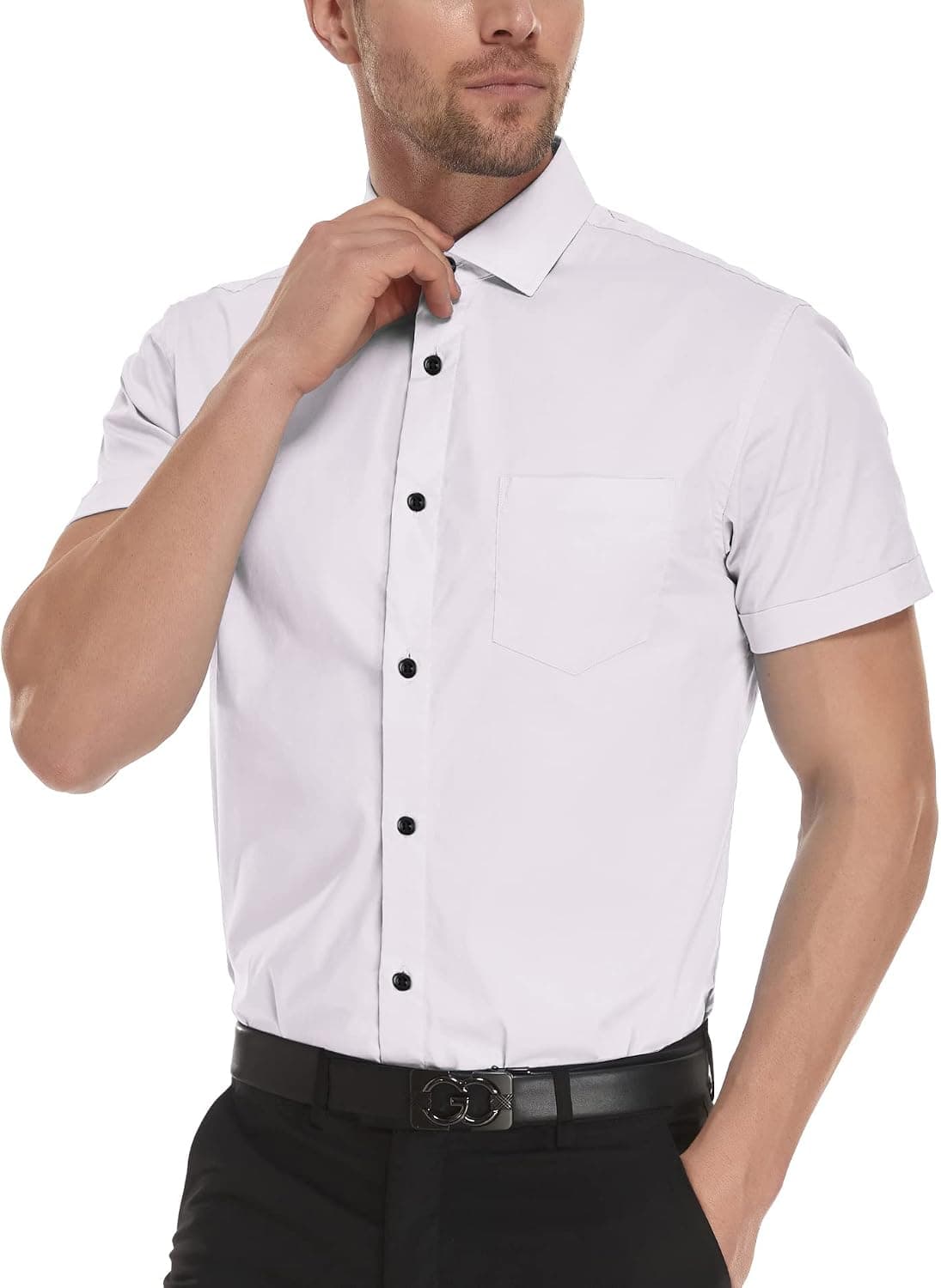 Deer Lady Men Dress Shirts Short Sleeve Regular Fit Casual Button Down Shirts Work Shirt