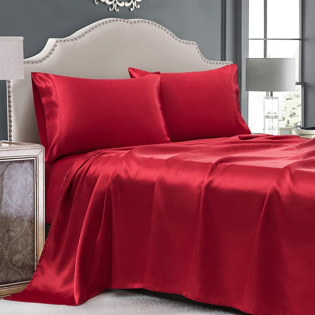 Cobedzy 4 Piece Luxury Satin Sheets Queen Size, Satin Bed Sheet Set Queen Size, Queen Red Satin Sheets with 1 Deep Pocket Fitted Sheet 1 Flat Sheet 2 Pillowcase