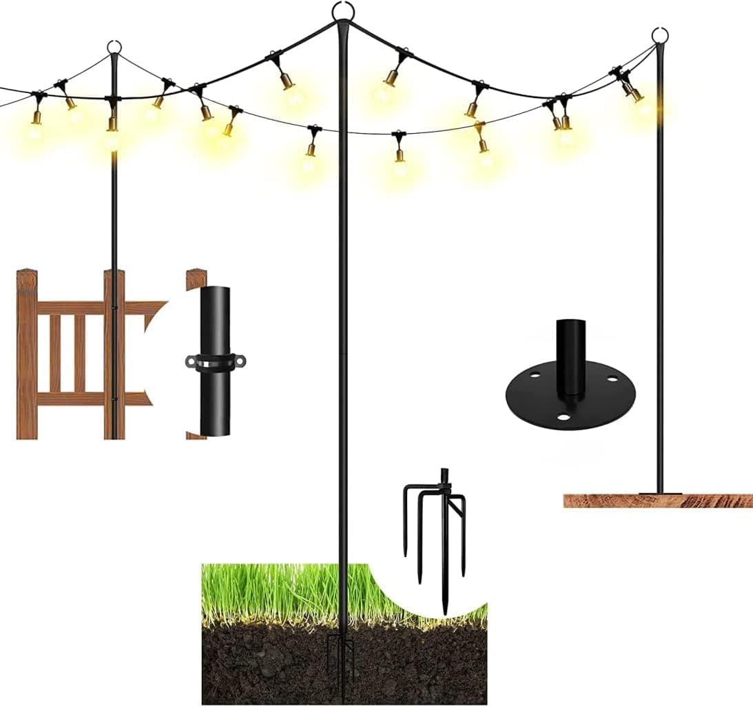 Outdoor String Lights Pole (2 x 8ft) – Patent 4Prong Fork to Dig Deep - Light Up Patio or Garden with LED Or Solar Hanging Bulbs - Water-Resistant Steel Powder Coated Poles for House Café Wedding