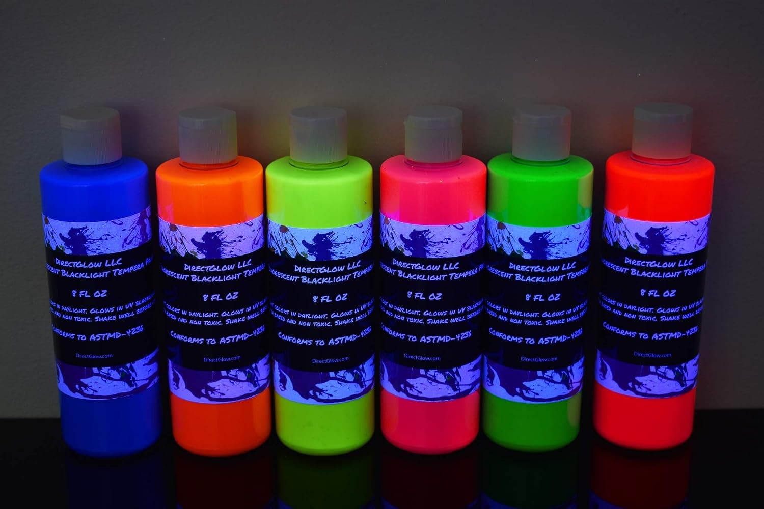 DirectGlow UV Blacklight Reactive Fluorescent Tempera Party Paint (6 Color Assortment, 8 Ounce Bottles)