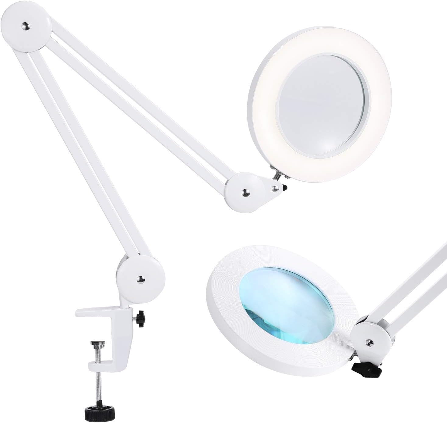 Tohezkir LED Magnifying Desk Lamp, 12W Metal Swing Arm Magnifier Lamp, Stepless Dimming, 3 Color Modes, 5X Magnification, 5" Diameter Glass Lens, Desk Light for Reading/Office/Work(White)