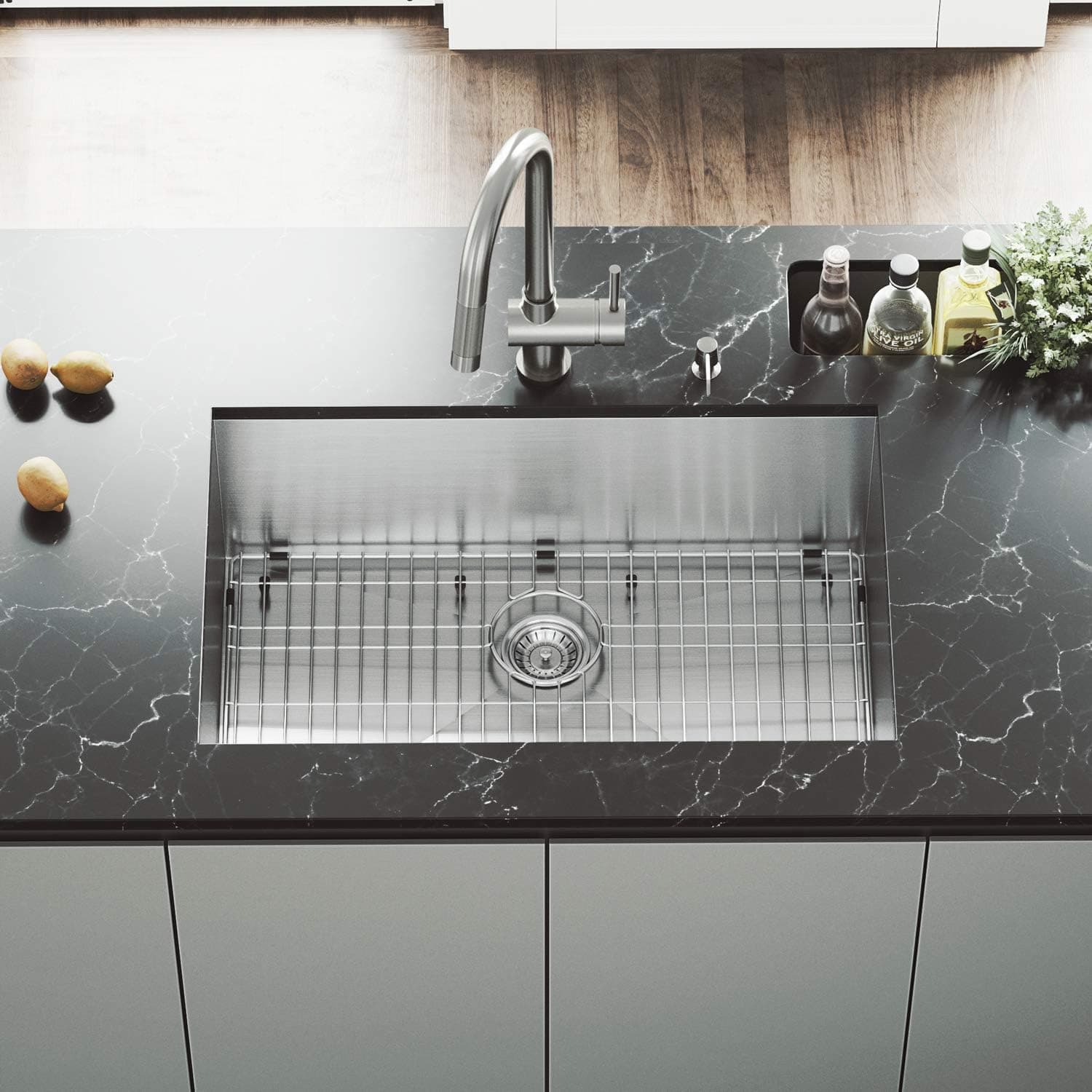 VIGO 30 inch Undermount Single Bowl 16 Gauge Stainless Steel Kitchen Sink with Gramercy Stainless Steel Faucet, Grid, Strainer and Soap Dispenser