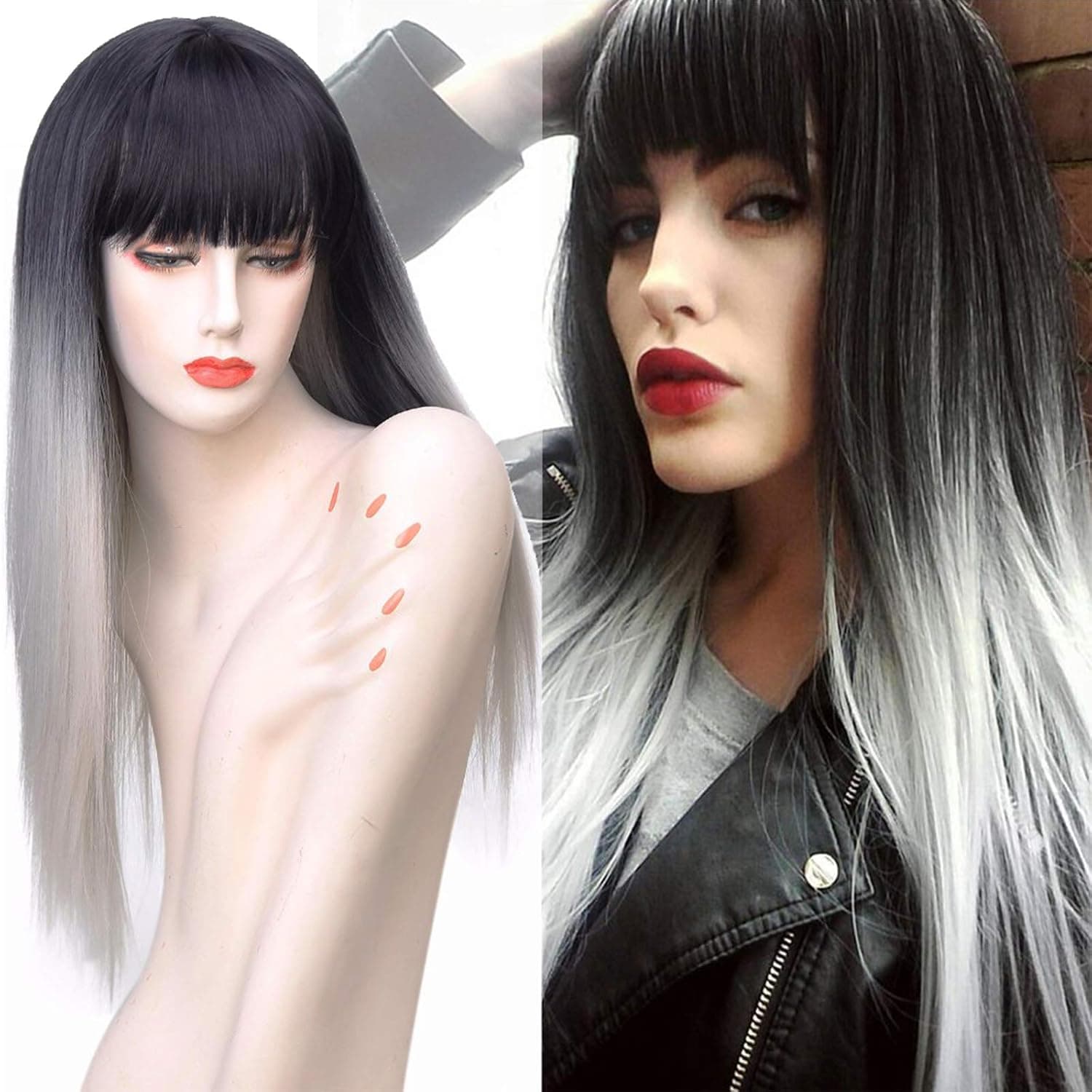BEkjdiof Grey Wigs With Bangs for Women Halloween Synthetic Wigs Long Straight Ombre Black Grey Natural Looking Heat Resistant Fiber Daily Cosplay Party 26Inch (1b grey)