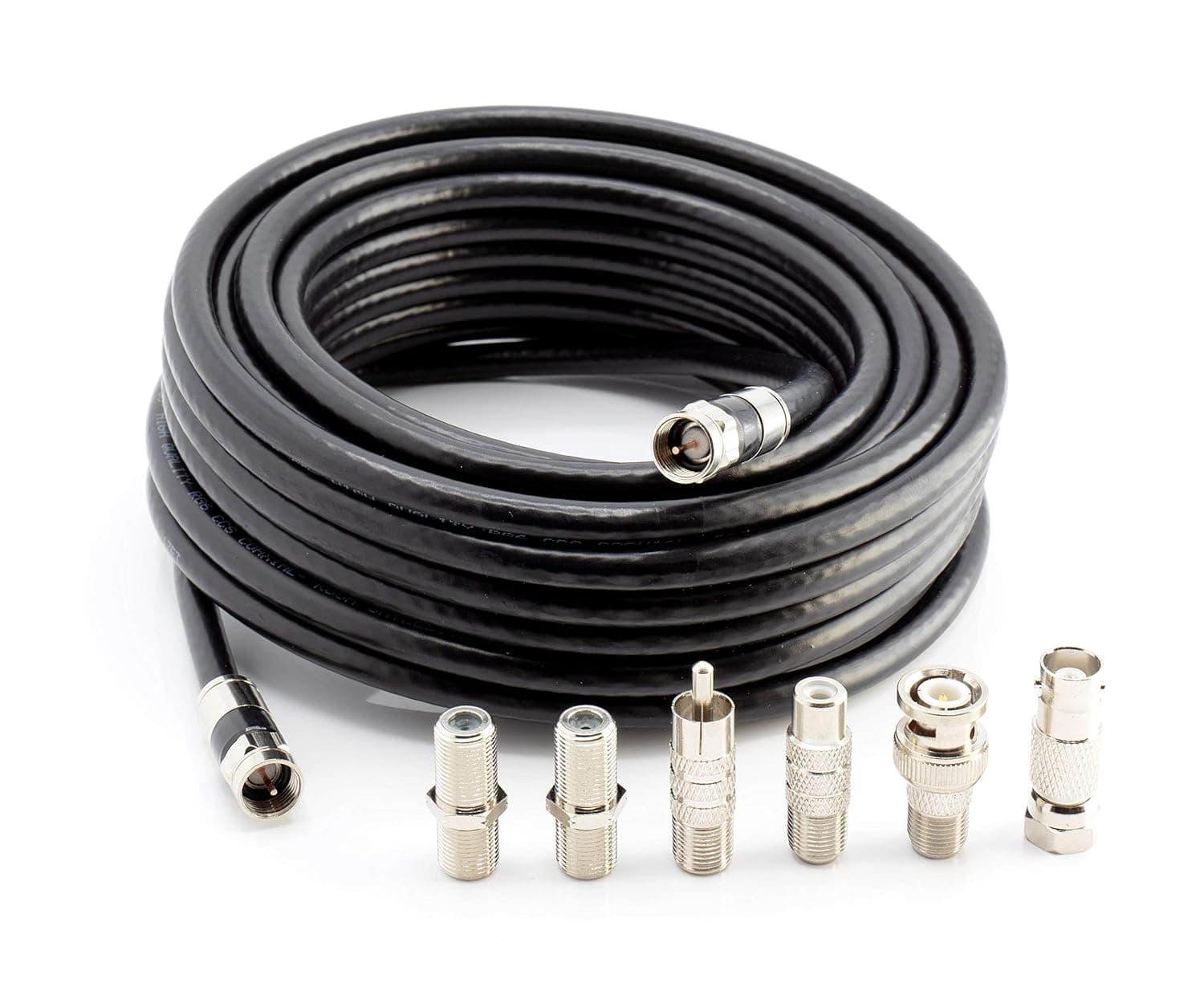 Digital Coaxial Cable Kit with Universal Ends -RG6 Coax Cable and six (6) Piece Adapter Kit Includes Male Female RCA BNC F81, and Barrel Connectors - Black, 15 Feet