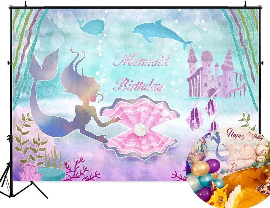 5x3ft Under The Sea Little Mermaid Birthday Party Backdrop for Girls Photography Background Castle Whale Pearl Princess Birthday Banner Decor Cake Table Props W-2025