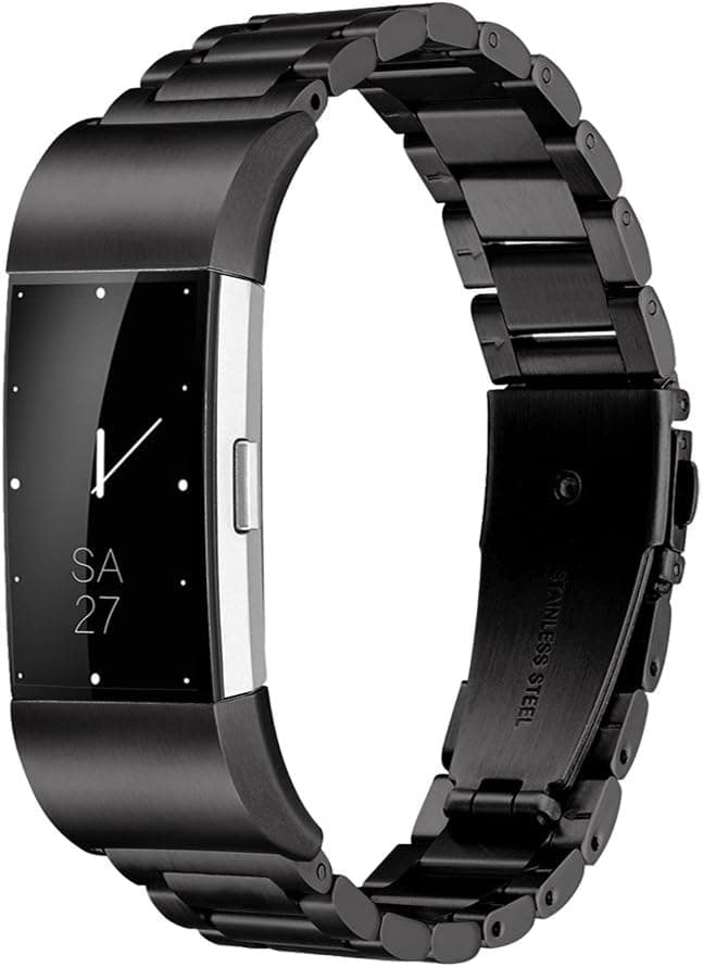 SHANGPULE Fitbit Charge 2 Wrist Band, Stainless Steel Metal Replacement Smart Watch Band Bracelet with Double Button Folding Clasp for Fitbit Charge 2 (Black)