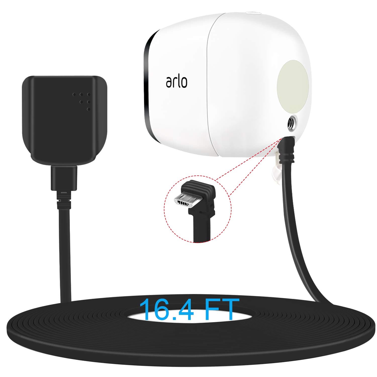 16.4Feet Weatherproof Outdoor Power Cable for Arlo Pro and Arlo Pro 2 with Quick Charge 3.0 Power Adapter Compatible with Arlo Pro, Arlo Pro 2, Arlo Go (Micro USB), 1 Set, Black