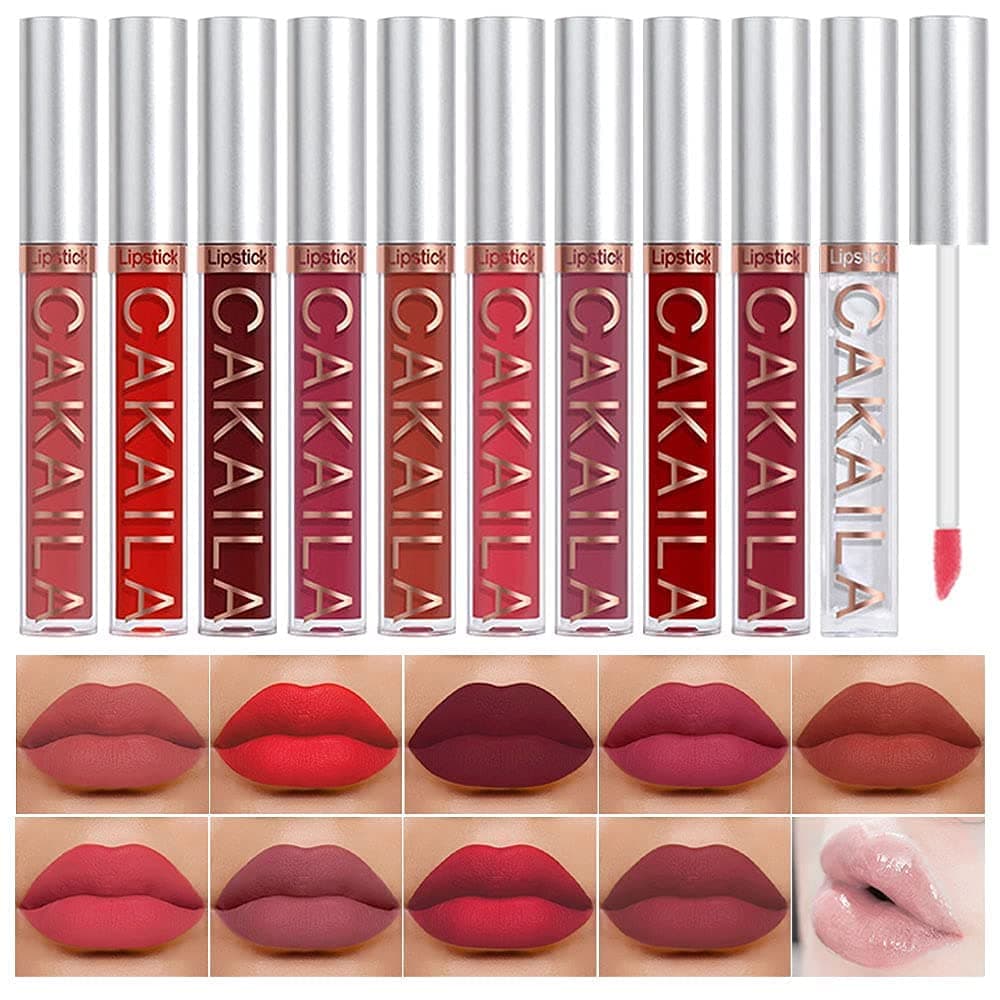HAOYA 9 Pcs Matte Liquid Lipstick+1Pcs Clear Lip Plumper Gloss Makeup Set Kit, Long Lasting Waterproof Moisturizing Velvet High Pigmented Lipstick Lip Stain Glaze Makeup Gift Sets for Women（SET02