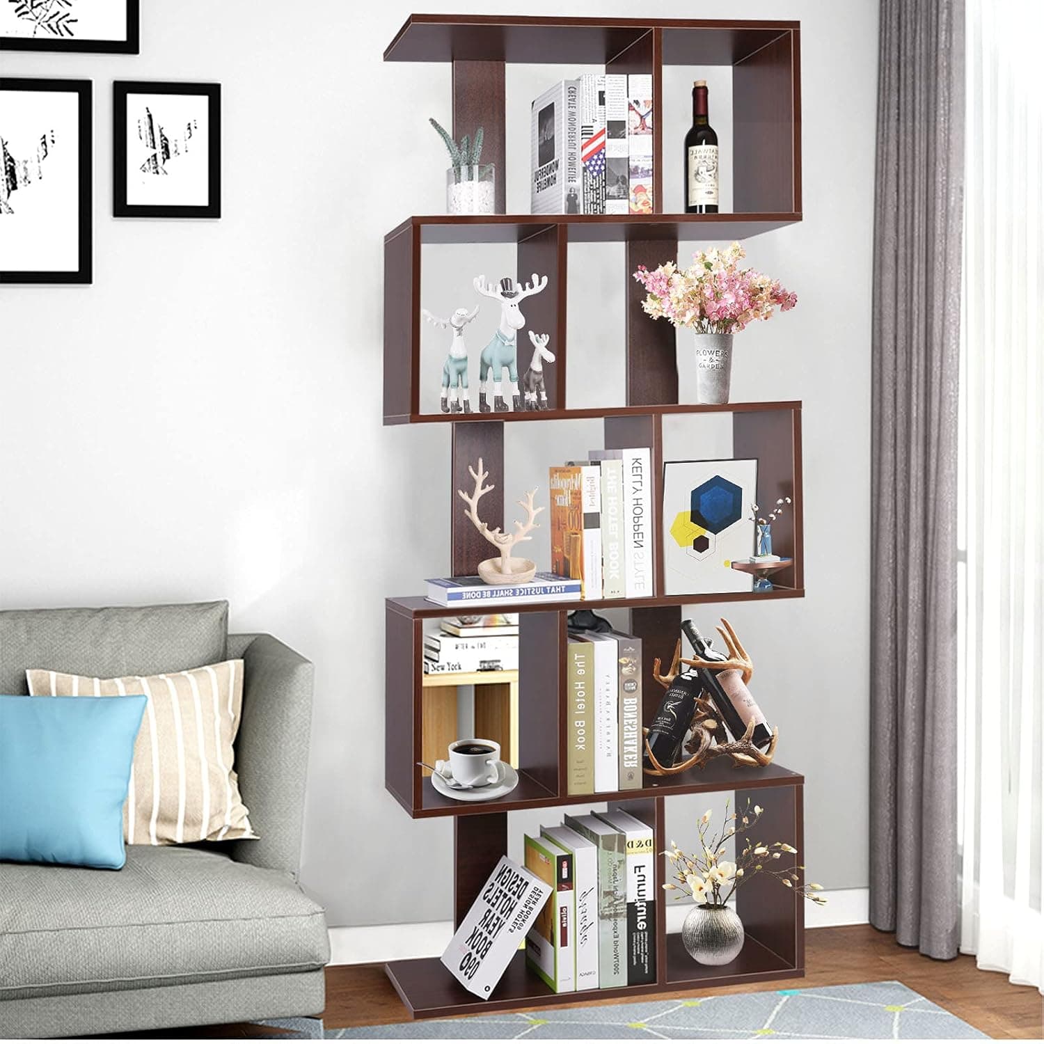 Bookshelf, 5 Tier Book Shelf, S Shaped Bookshelf for Living Room, Bedroom, Home Office, Modern Bookshelf for Books, Records, CDs, Walnut Brown