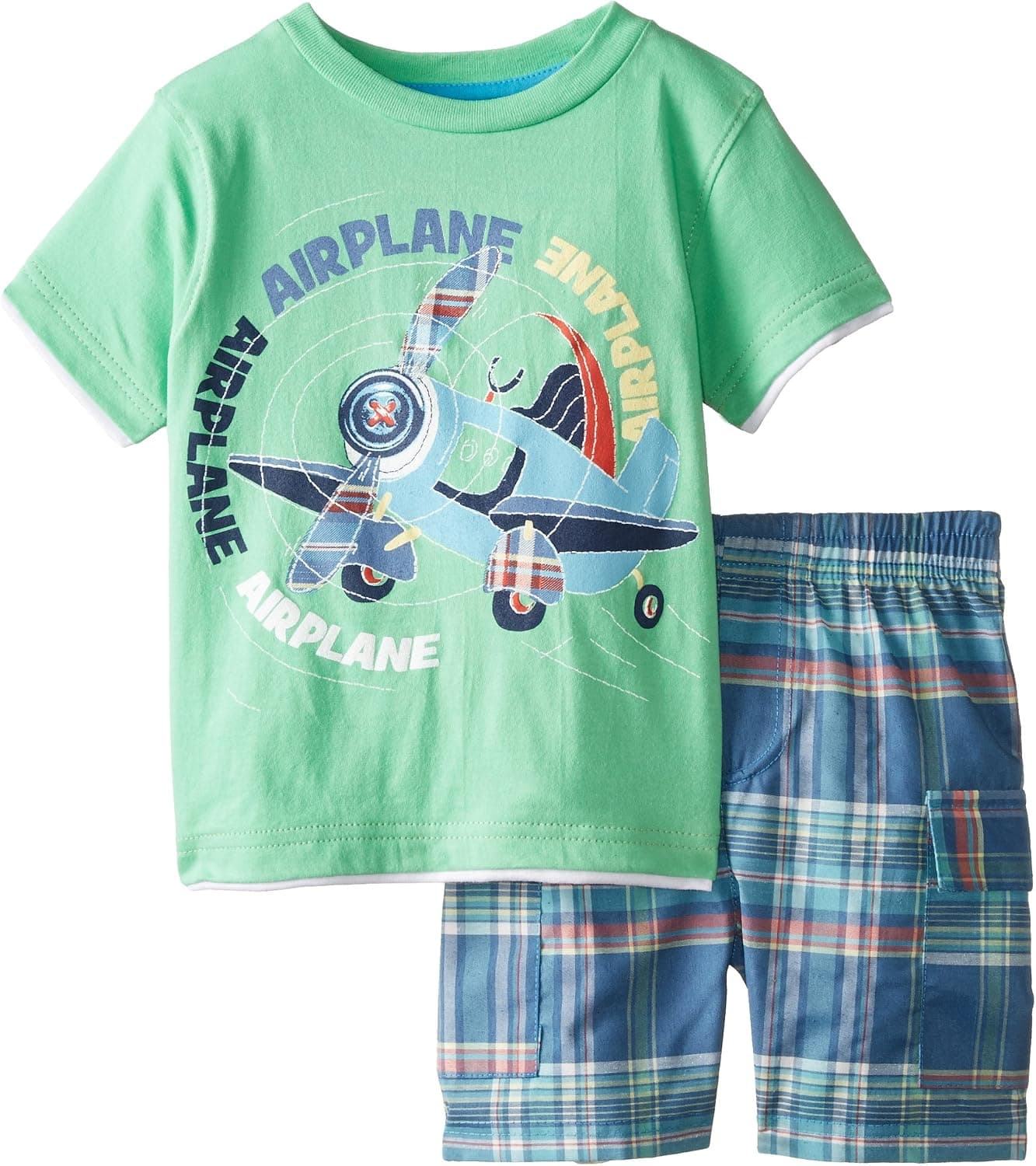 Kids Headquarters Little Boys' Tee with Plaid Shorts Airplane