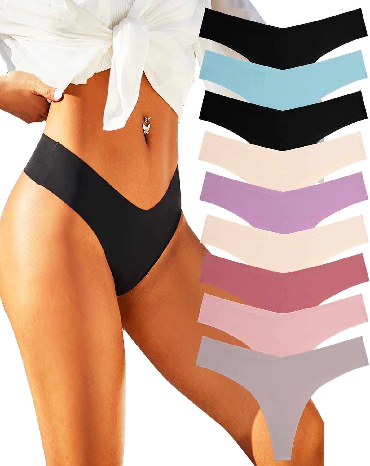 ALL OF ME Seamless Thongs for Women No Show Panties V-waisted Stretch Breathable Sexy Thong Underwear 9 Pack XS-L