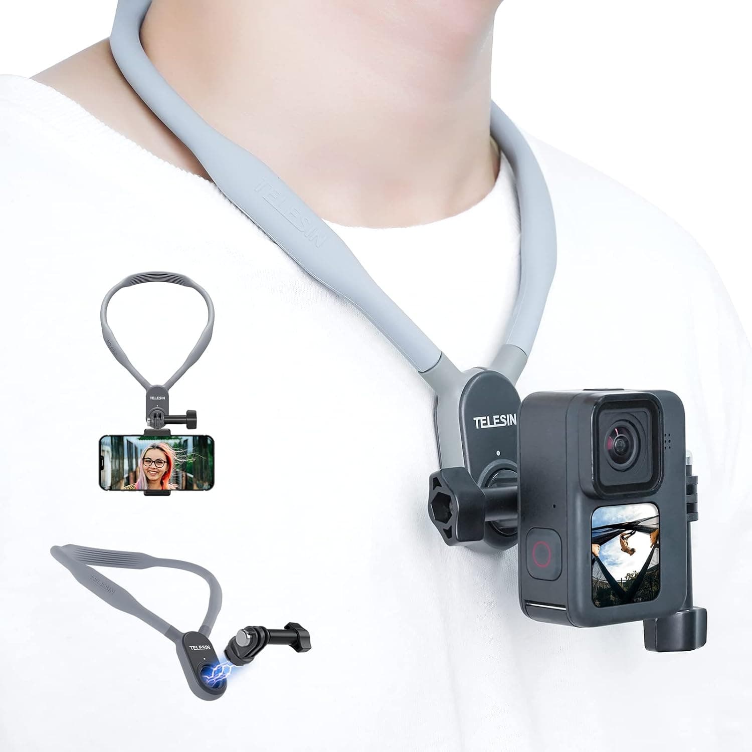 Magnetic POV Selfie Phone Mount Neck Holder Strap Necklace Lanyard, Centered Angle Adjustable Shoulder Chest View Support for GoPro Max Hero 11 10 9 8 7 6 5 Insta360 DJI Action 3 iPhone Android