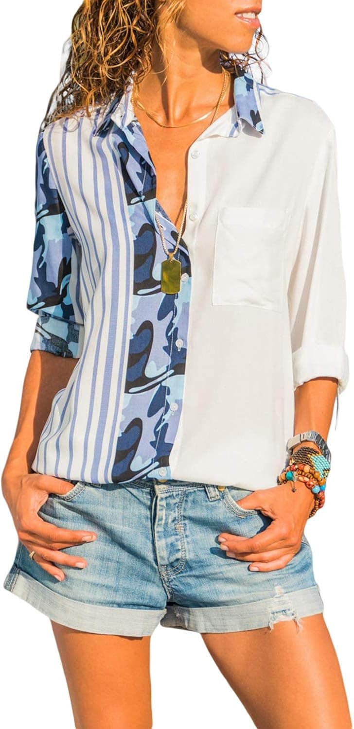 Astylish Womens Ladies Loose 3 4 Sleeve Summer V Neck Button Down Color Block Striped Blouse Casual Tops and Henley Shirts Sky Blue XX-Large