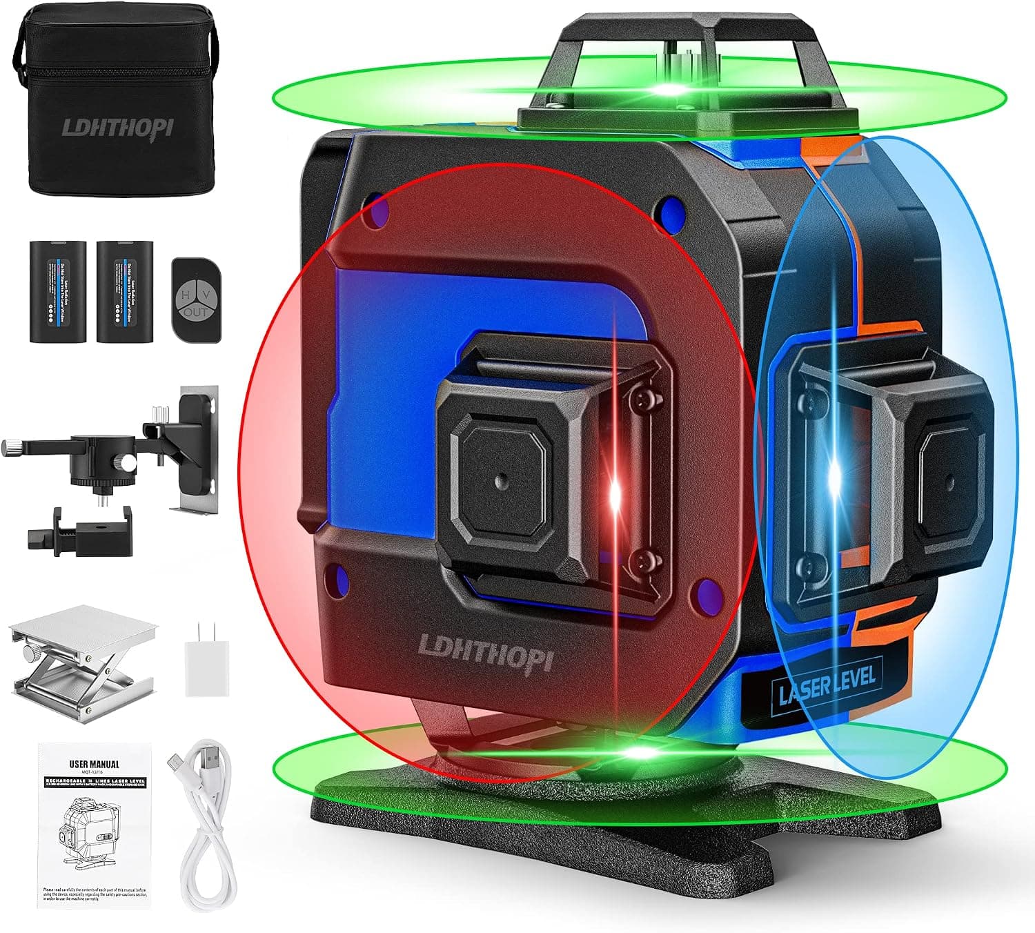 LDHTHOPI 4D Laser Level 360 Self Leveling, 16 Lines Red/Green/Blue Cross Laser Level with Rotatable Base, for Window, Floor, Ceiling, Home Repair, Foundation Works