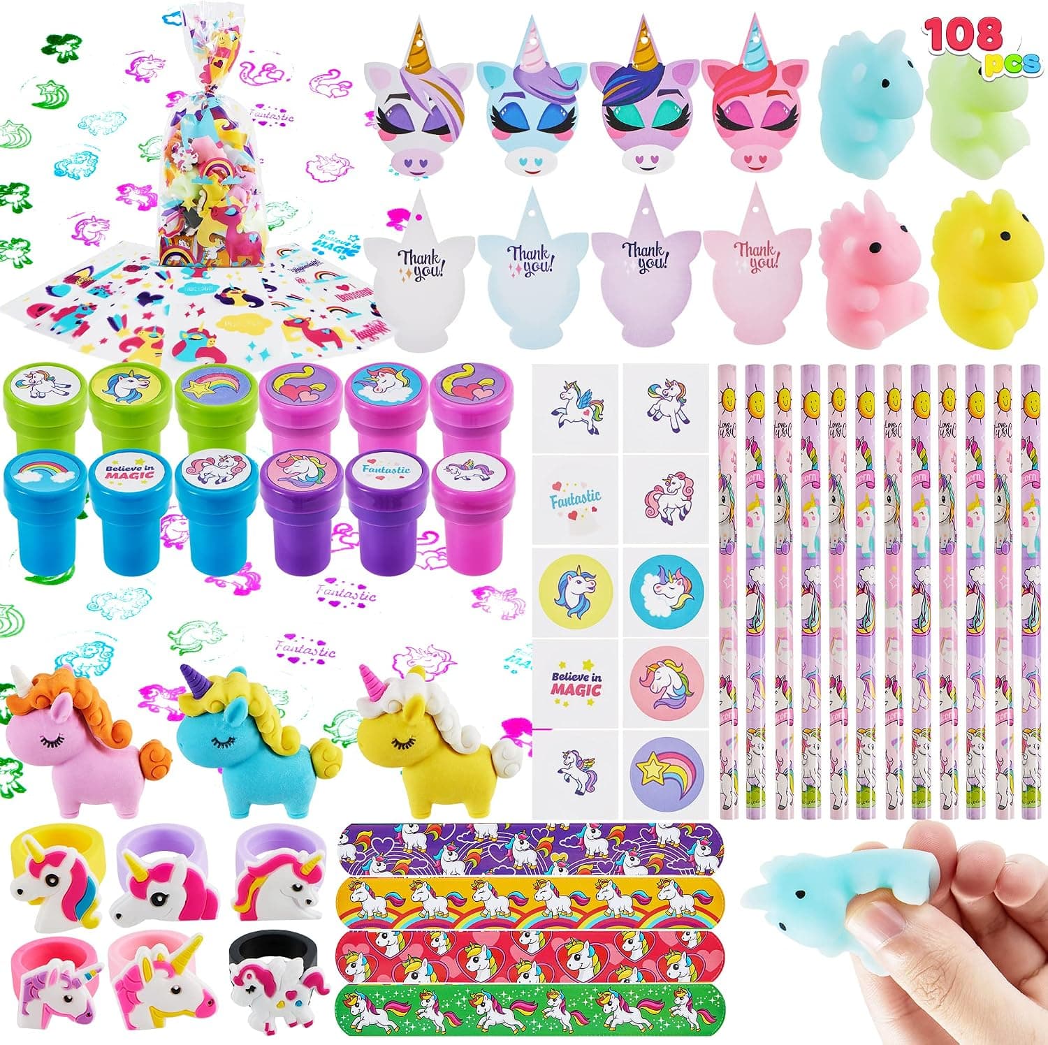 JOYIN Unicorn Theme Toy, 12 Pack Goody Bags with 108 Pcs Unicorn Gift Tags, Include Unicorn Mochi, Slap Bracelet, Ring, Sticker, Eraser Exchange Game Prizes
