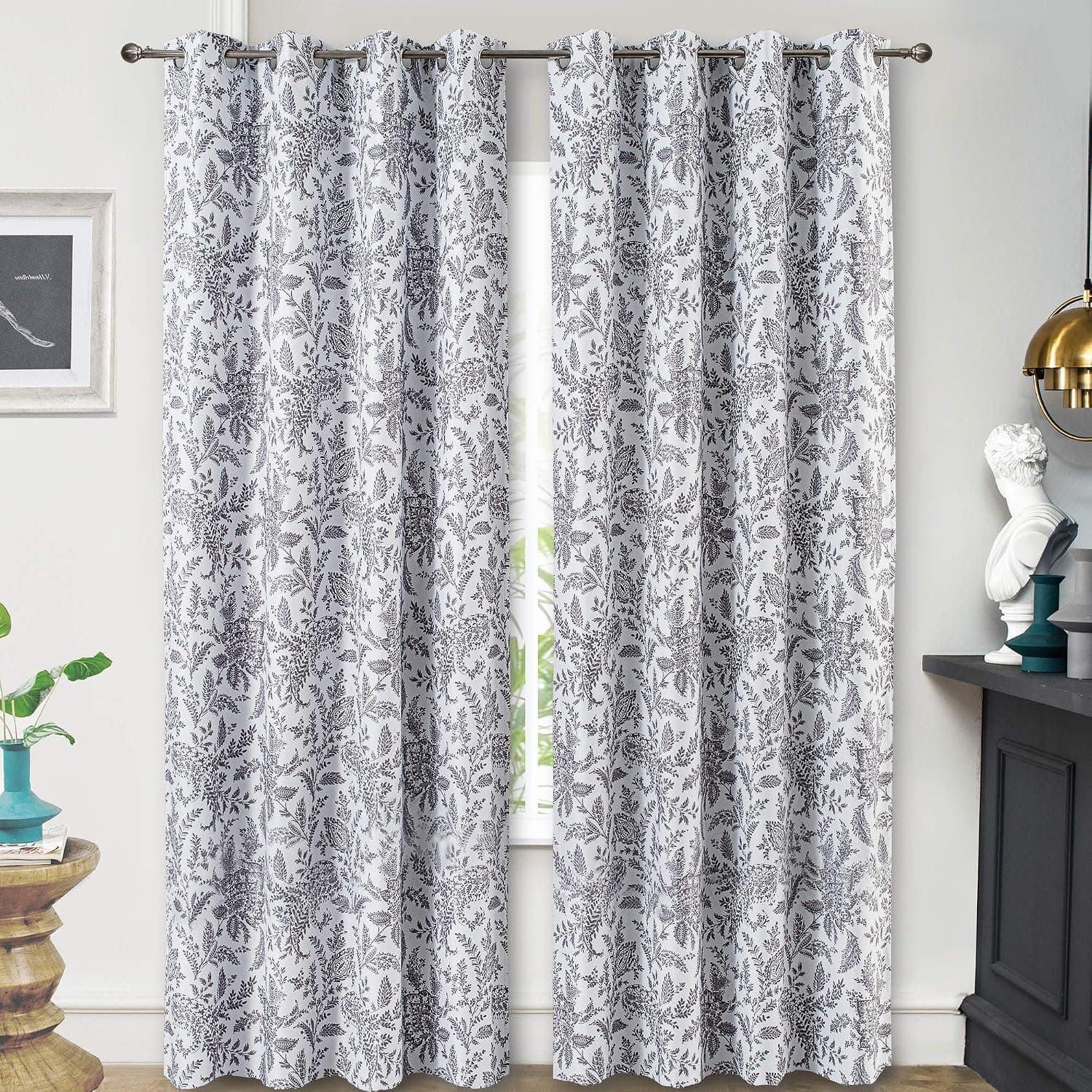 DriftAway Isla Paisley Floral Printed Pattern Blackout Room Darkening Thermal Insulated Grommet Lined Window Curtains 2 Panels Each 52 Inch by 84 Inch Gray