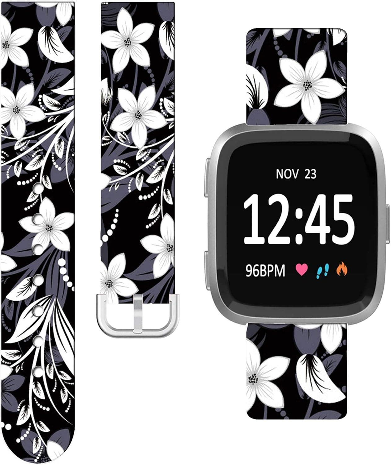 ENDIY Versa 2 SE Bands Silicone Gel Replacement Soft Strap Compatible with Fitbit Versa/Versa 2/Versa lite/Versa 2 SE Large - Black Floral Flower Art Elegant Beautiful