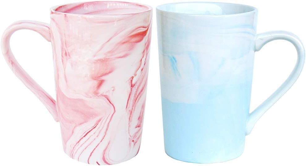 Smarlin Marbling Ceramic Coffee Mug Set of 2, Tea Cup for Office and Home, 13 Oz, Dishwahser and Microwave Safe (Pink&Blue, Tall)