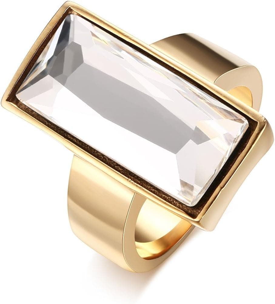 VNOX Stainless Steel Gold Plated Rectangular White Glass Crystal Ring for Women