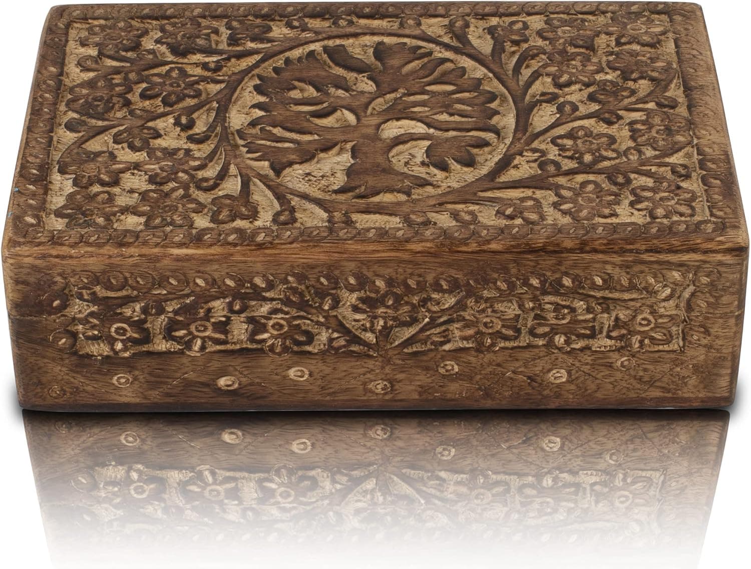 Great Birthday Gift Handmade Decorative Wooden Jewelry Box With Tree Of Life Carving Jewelry Organizer Keepsake Box Treasure Chest Trinket Holder Watch Box Storage Box Housewarming Gifts (Natural)