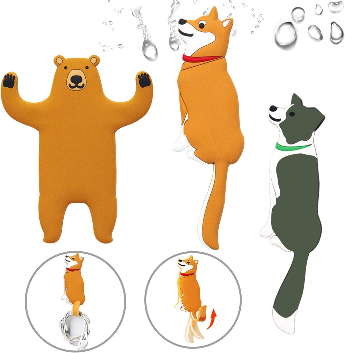 3pcs Kids Wall Hooks Adhesive-Cute Animal Decorative Wall Hooks-Reusable Waterproof Hooks for Hanging Towel，Keys，Hat and More in Bathroom Bedroom Nursery Kitchen (Black Dog+Brown Bear+Shiba Inu)